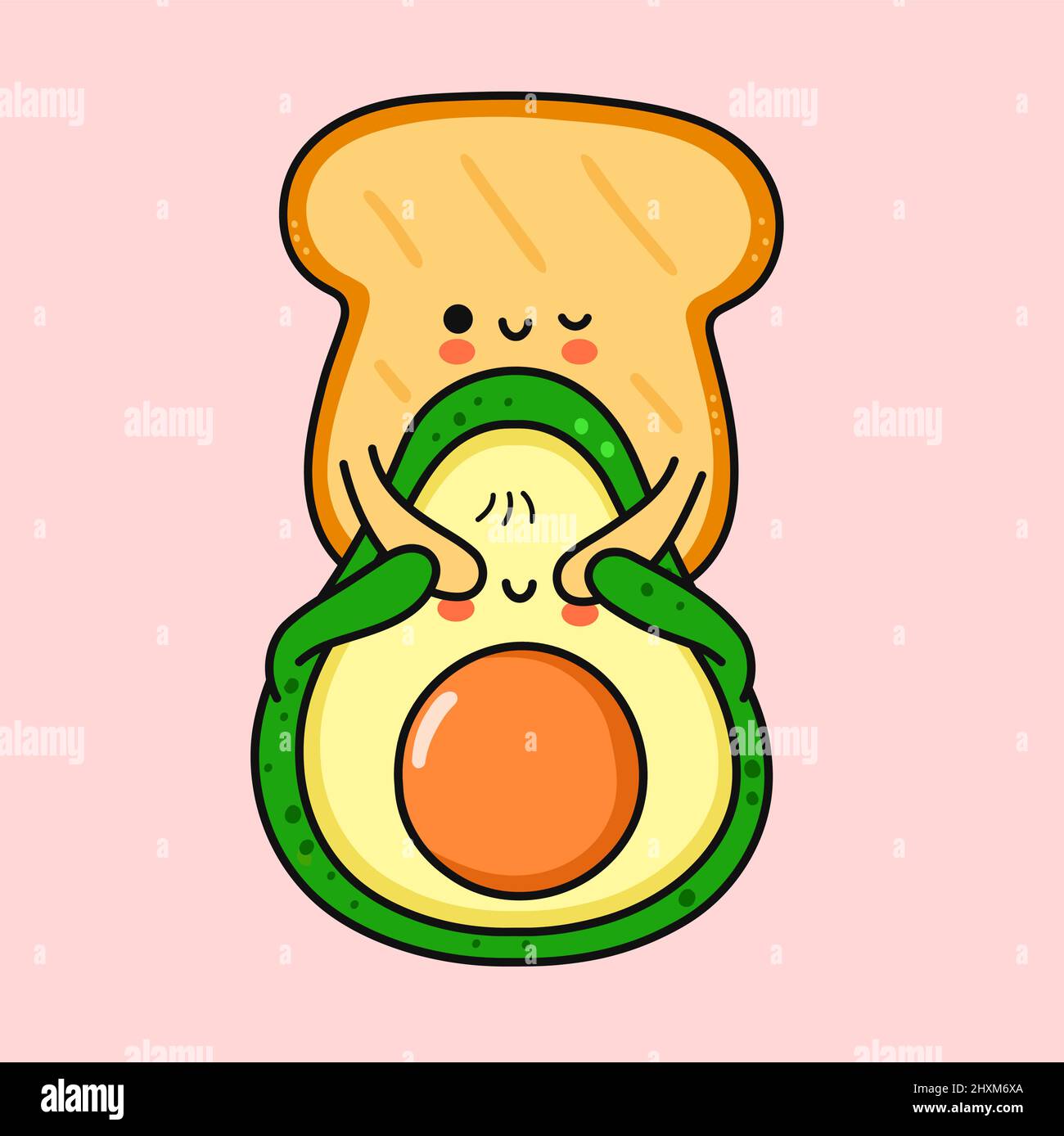Simpatico toast divertente fare avocado sorpresa.Vector disegnata a mano cartoon doodle kawaii personaggio icona illustrazione. Avocado, cibo sano, toast cartone animato carattere concetto Illustrazione Vettoriale
