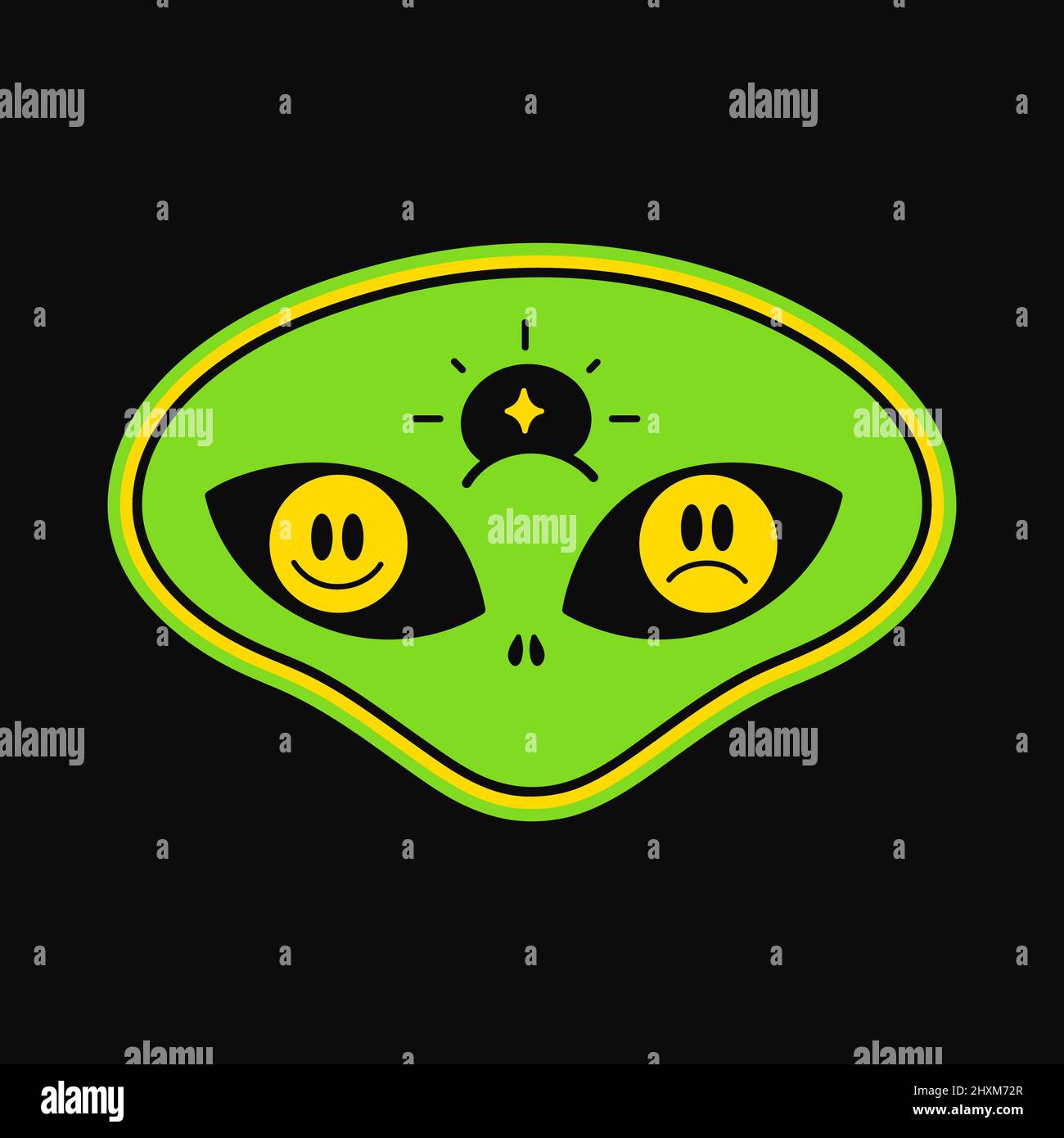 Alien con t-shirt del terzo occhio print.Vector cartoon grafica logo design.Trippy psychichdelic alien,acid print for poster,t-shirt,logo concept Illustrazione Vettoriale