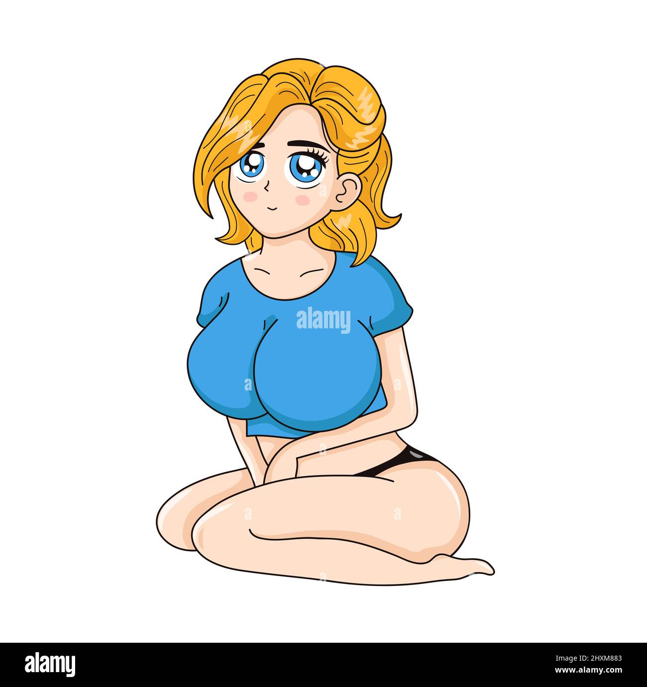 Bellezza sorriso ragazza con grande seno. Vettore disegno a mano anime manga cartoon kawaii personaggio logo illustrazione. Ragazza, donna, sexy anime donna carattere t-shirt, poster, logo stampa concetto Illustrazione Vettoriale