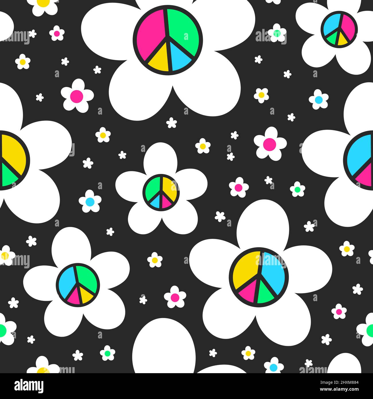 Hippie pace simbolo in fiori su sfondo nero senza cuciture pattern.Vector cartoon illustrazione design.Positive vintage pace segno,camomilla fiore,hippie,pacifico,60s,70s senza giunture pattern art concetto Illustrazione Vettoriale