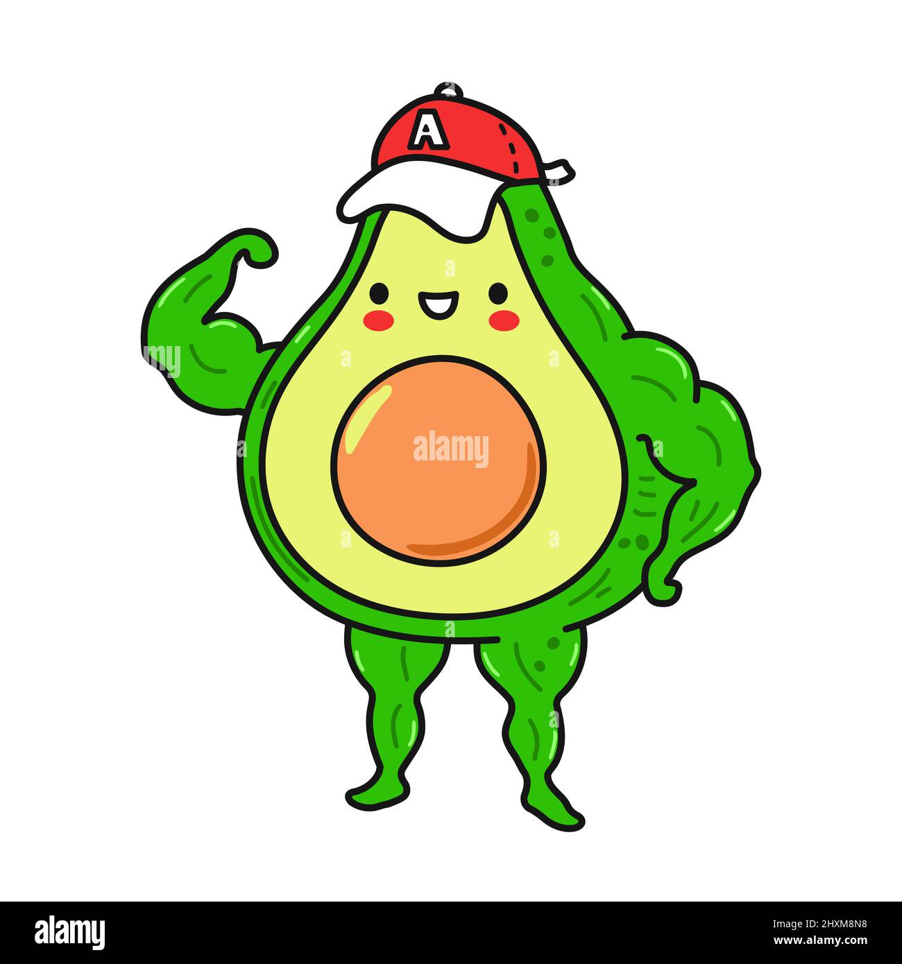 Simpatico divertente felice avocado show muscle.Vector disegnata a mano cartoon doodle kawaii personaggio illustrazione icon.Isolated su sfondo bianco. Avocado, sport, fitness cibo sano cartone animato concetto di carattere Illustrazione Vettoriale