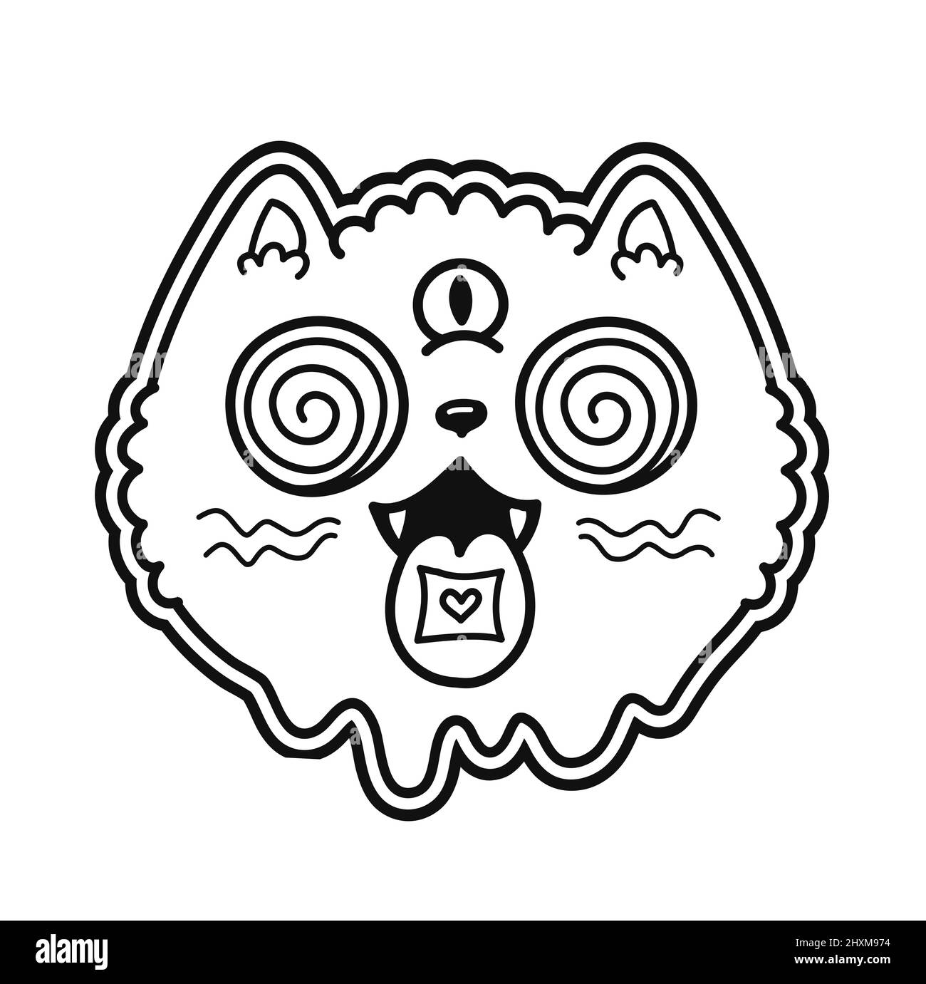 Gatto trippy con marchio acido lsd sulla lingua t-shirt print design.Vector line art page per libro da colorare. Gatto triplice, kittie psichedelico, stampa per t-shirt, poster, adesivo, logo Illustrazione Vettoriale