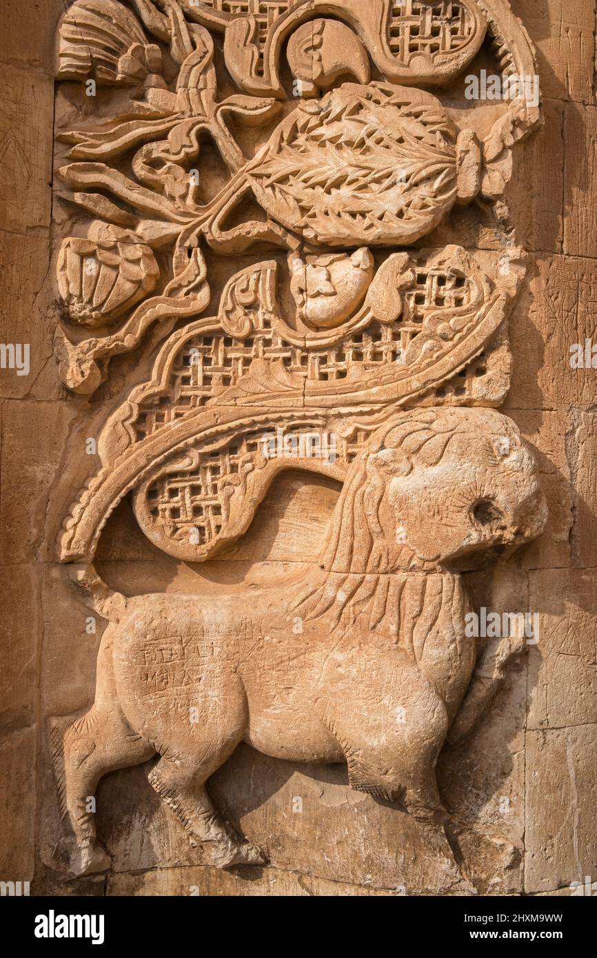 Dettaglio della decorazione d'ingresso del Palazzo Ishak Pasha nella città di Agri, Anatolia orientale, Turchia. Foto Stock