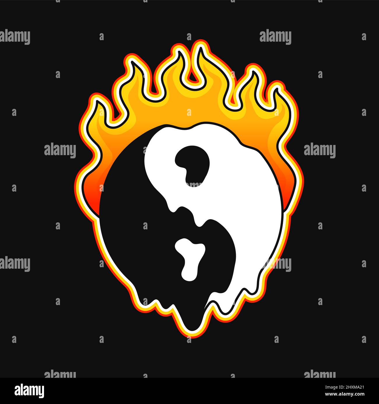 Yin Yang simbolo bruciare in fuoco t-shirt print.Vector cartoon grafico illustrazione logo design.Yin yang melt, stampa fuoco per poster, t-shirt, logo concetto Illustrazione Vettoriale