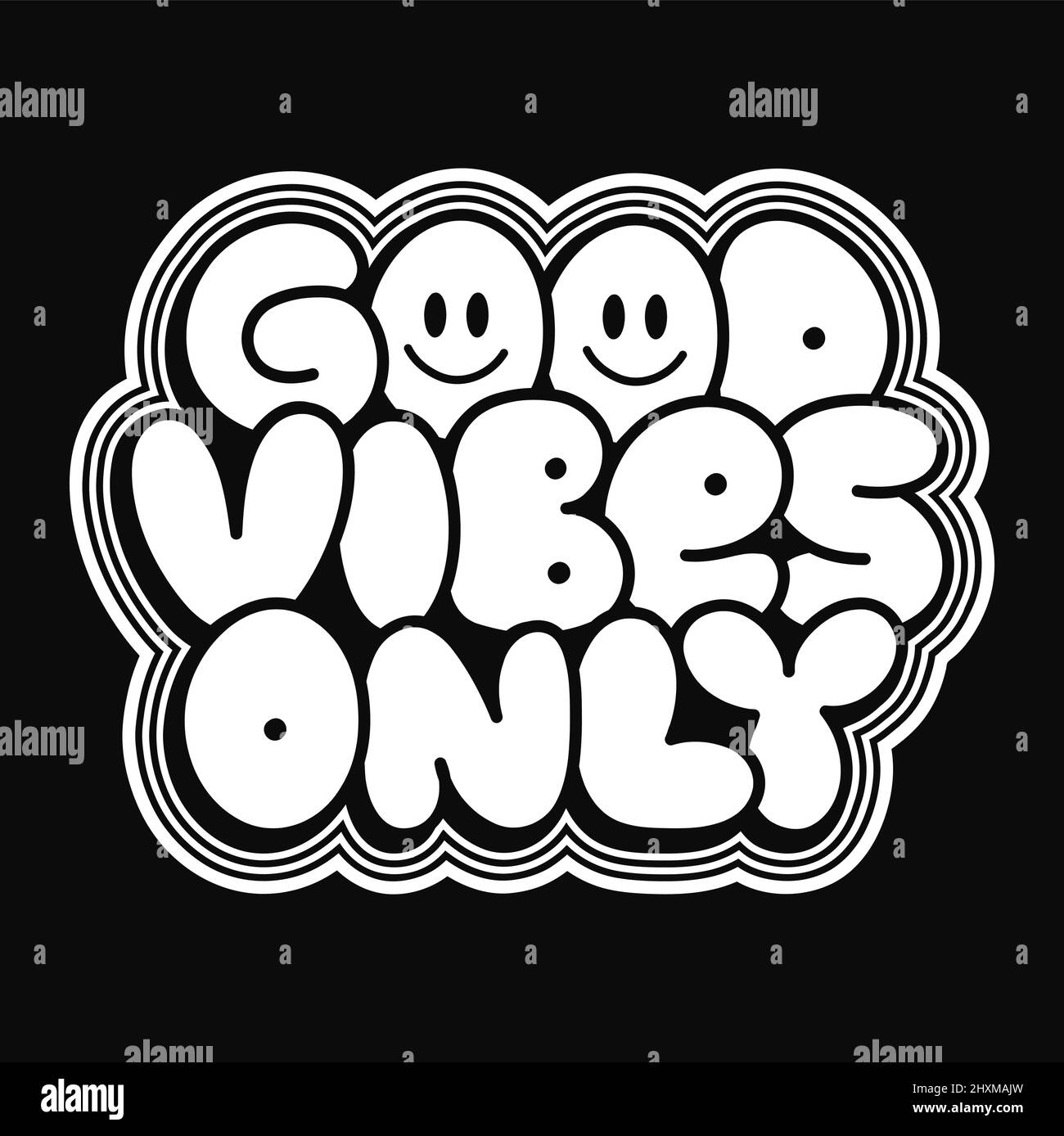Buona vibes solo t-shirt stampa. Vettore disegnata a mano linea di doodle illustrazione cartoon. Le buone vibrazioni vengono stampate solo per T-shirt, poster, adesivo, copertina, logo Illustrazione Vettoriale