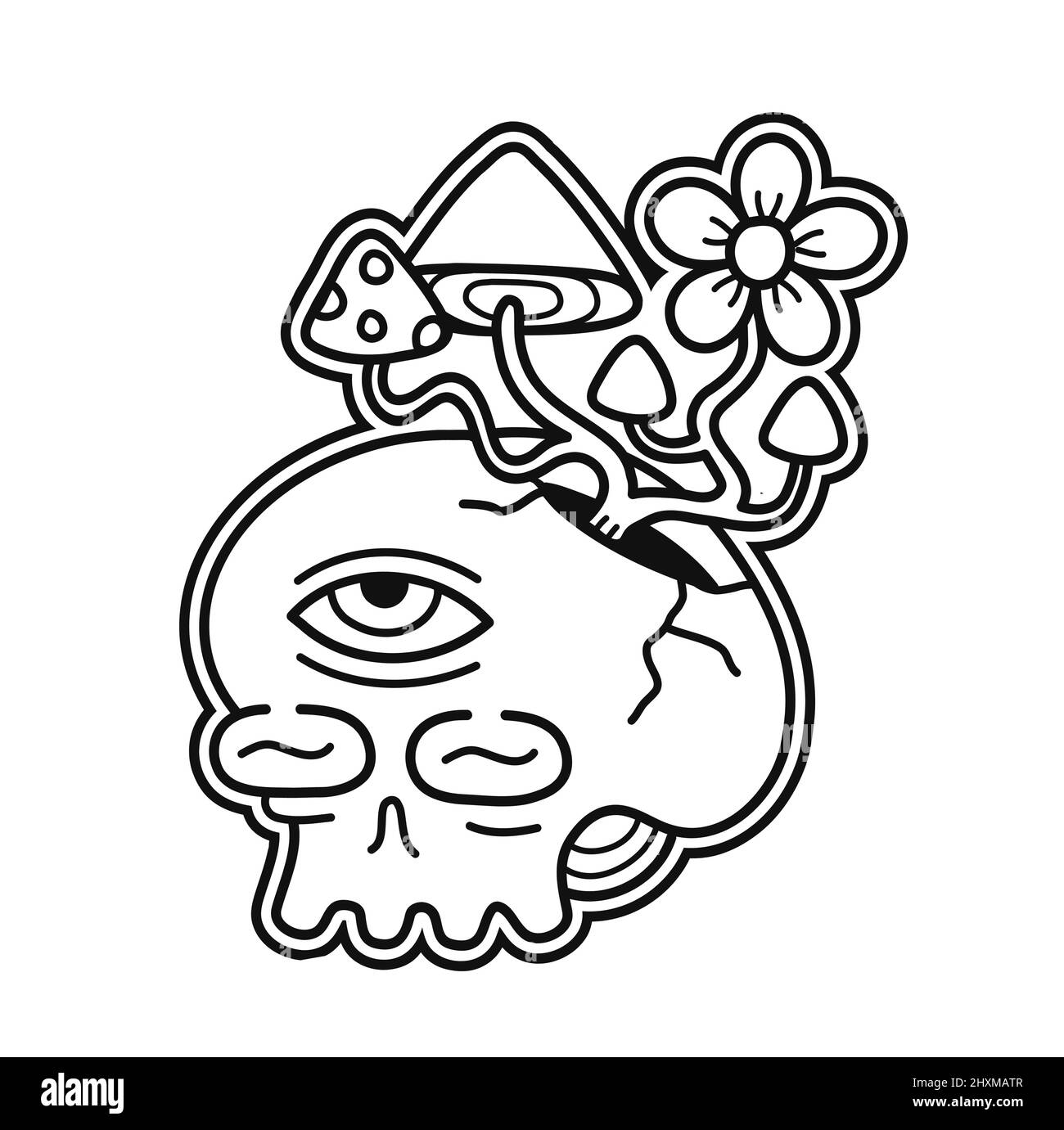 Cranio con funghi mahic t-shirt print design.Vector line art page per colorare book.Trippy cranio, funghi magici in crescita, stampa psichedelica per t-shirt, poster, adesivo, logo concetto Illustrazione Vettoriale