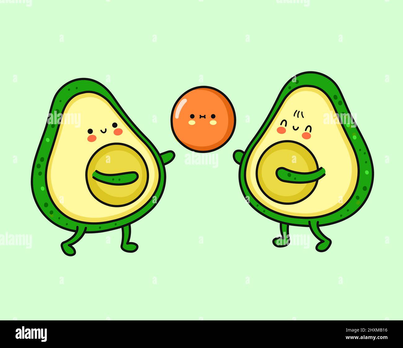 Carino divertente avocado gioco con seme.Vector disegnata a mano cartoon doodle kawaii personaggio icona illustrazione. Avocado, cibo sano, sport, stile di vita attivo, keto dieta fumetto concetto Illustrazione Vettoriale