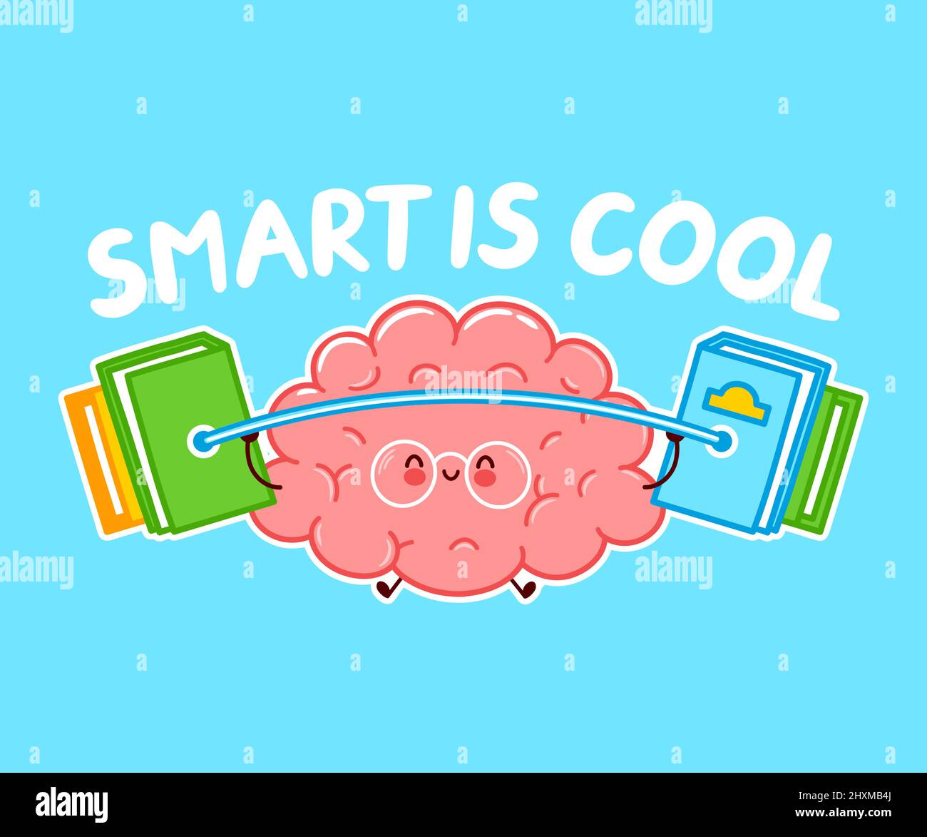 Smart è cool citazione slogan.Cute divertente cervello umano organo personaggio formazione con libri barbell. Vettore linea piatta cartoon kawaii carattere icona illustrazione. Concetto di logo del personaggio del treno di organi cerebrali Illustrazione Vettoriale