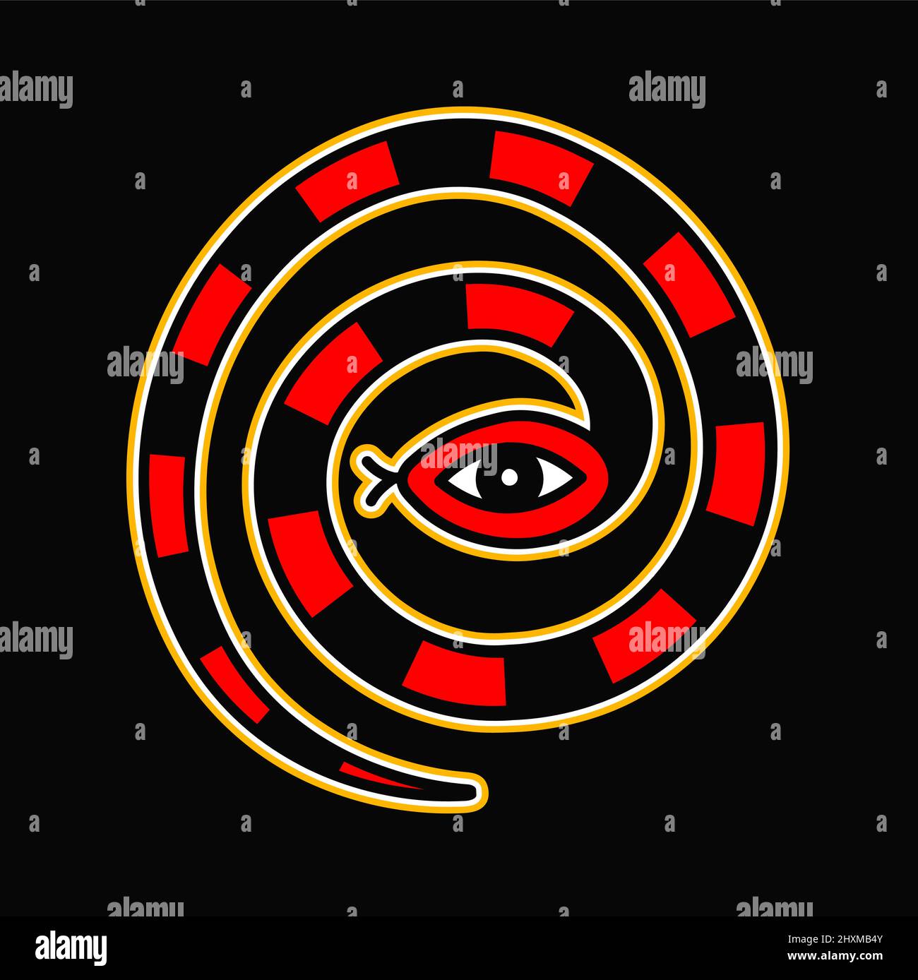 Serpente in t-shirt a spirale con stampa. Disegno vettoriale a mano del carattere cartoon del logo. Serpente triplice, psichedelico, stampa a spirale per t-shirt, poster, adesivo, logo concetto Illustrazione Vettoriale