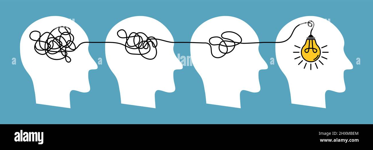 Da teste complesse a semplici. Cervello confuso. Soluzione semplice. Pensieri graduali in disfacimento. Trovare il processo di idea. Dal caos creativo all'idea chiara Illustrazione Vettoriale