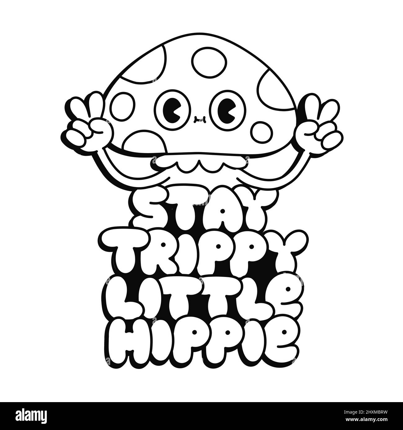 Divertente fungo psichedelico amanita mostrare segno di pace gesto. Soggiorno trippy piccolo hippie slogan.Vector linea pagina d'arte per colorare book.Magic 70s trippy fungo stampa su poster, t-shirt Illustrazione Vettoriale