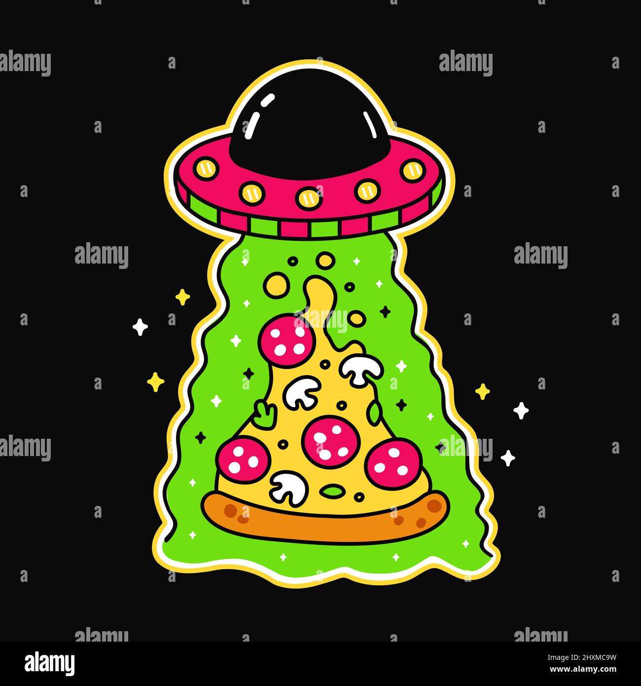 Alien in flying craquer abduction pizza slice stampa per t-shirt art.Vector line doodle cartoon grafico illustrazione logo design.Ufo,astronave,pizza,alien,flying craquer stampa per poster, t-shirt concept Illustrazione Vettoriale