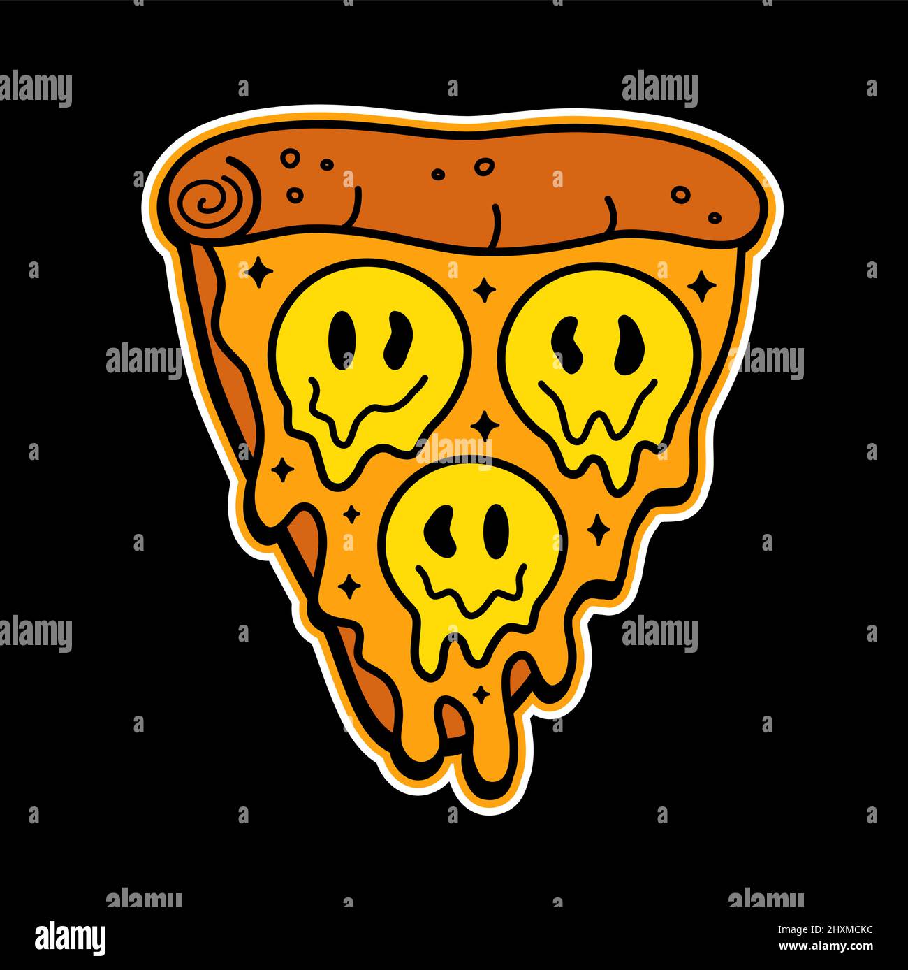 Fetta di pizza con stampa t-shirt del viso Melt Smile. Vettore linea doodle cartoon personaggio Illustration.Pizza, trippy sorriso faccia, acido stampa su poster, t-shirt, logo concetto Illustrazione Vettoriale