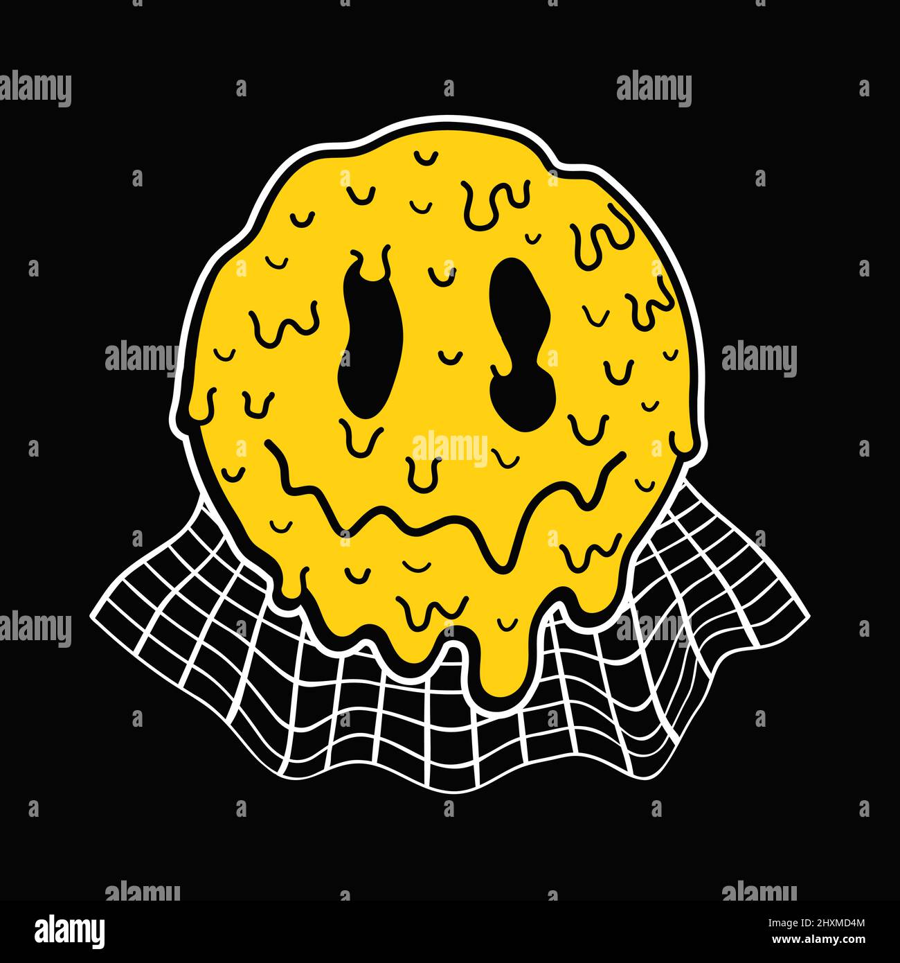 Divertente psichedelico surreale sciogliere viso sorriso e distorto griglia logo.Vector cartoon personaggio illustrazione logo.Smile giallo grovy viso sciolto, acido, techno, stampa trippy per t-shirt, poster, concetto di scheda Illustrazione Vettoriale