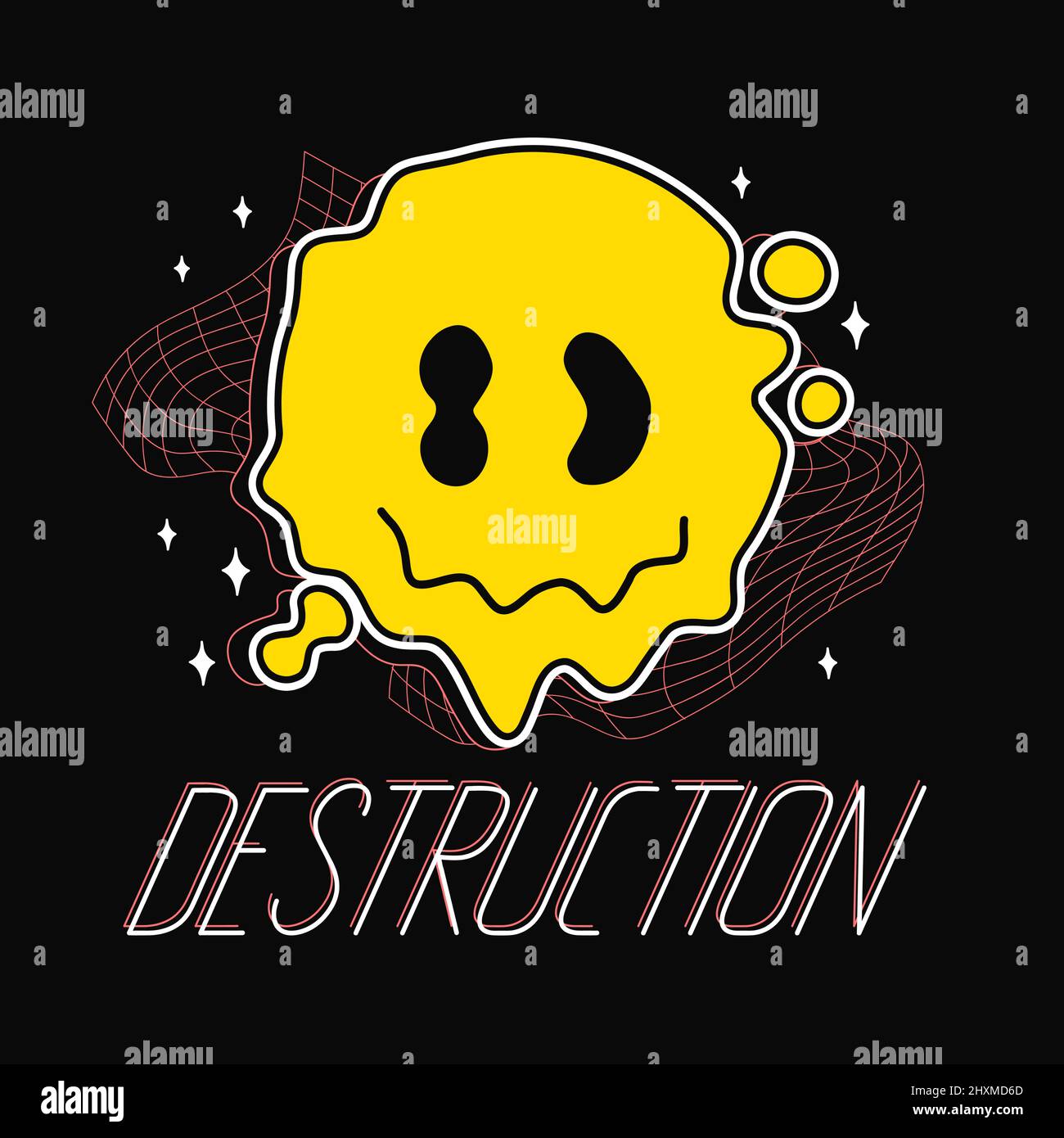 Melt TRIppy Smile Face.Destruction text quote.Vector line cartoon graphic Illustration logo design.Trippy psicdelic Smile Emoji Melt Face print per poster, t-shirt, logo concept Illustrazione Vettoriale