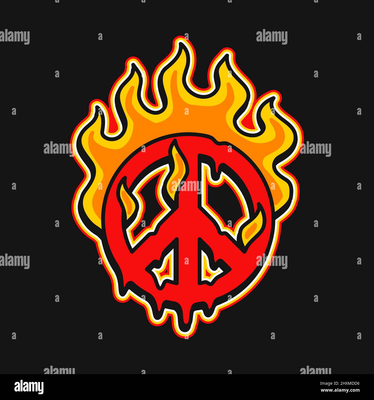 Pace simbolo bruciare in fuoco t-shirt stampa .Vector cartoon grafica logo design.Trippy psicdelico pace, stampa fuoco per poster, t-shirt, logo concetto Illustrazione Vettoriale