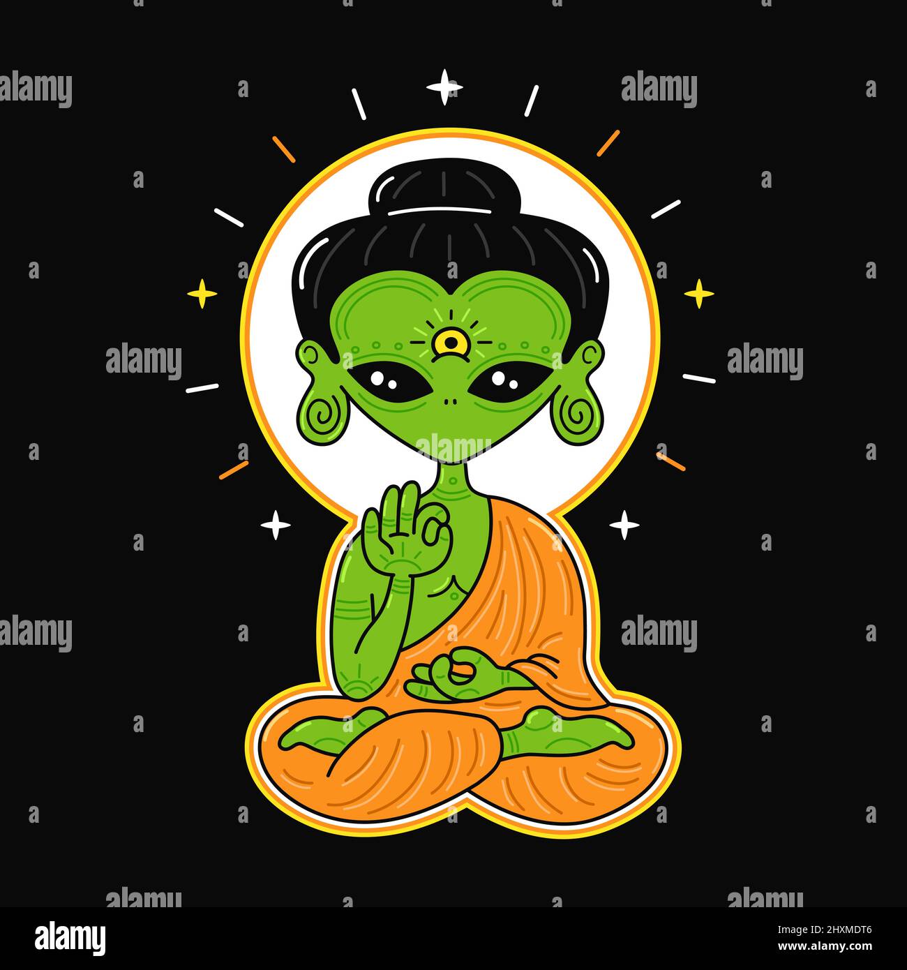 Divertente Buddha straniero sedersi in posa di lotus yoga. Vettore disegno a mano cartoon kawaii personaggio logo illustrazione. Buddha, buddista, alieno, ufo, T-shirt personaggio creatura cosmica verde, logo, sticker stampa concetto Illustrazione Vettoriale