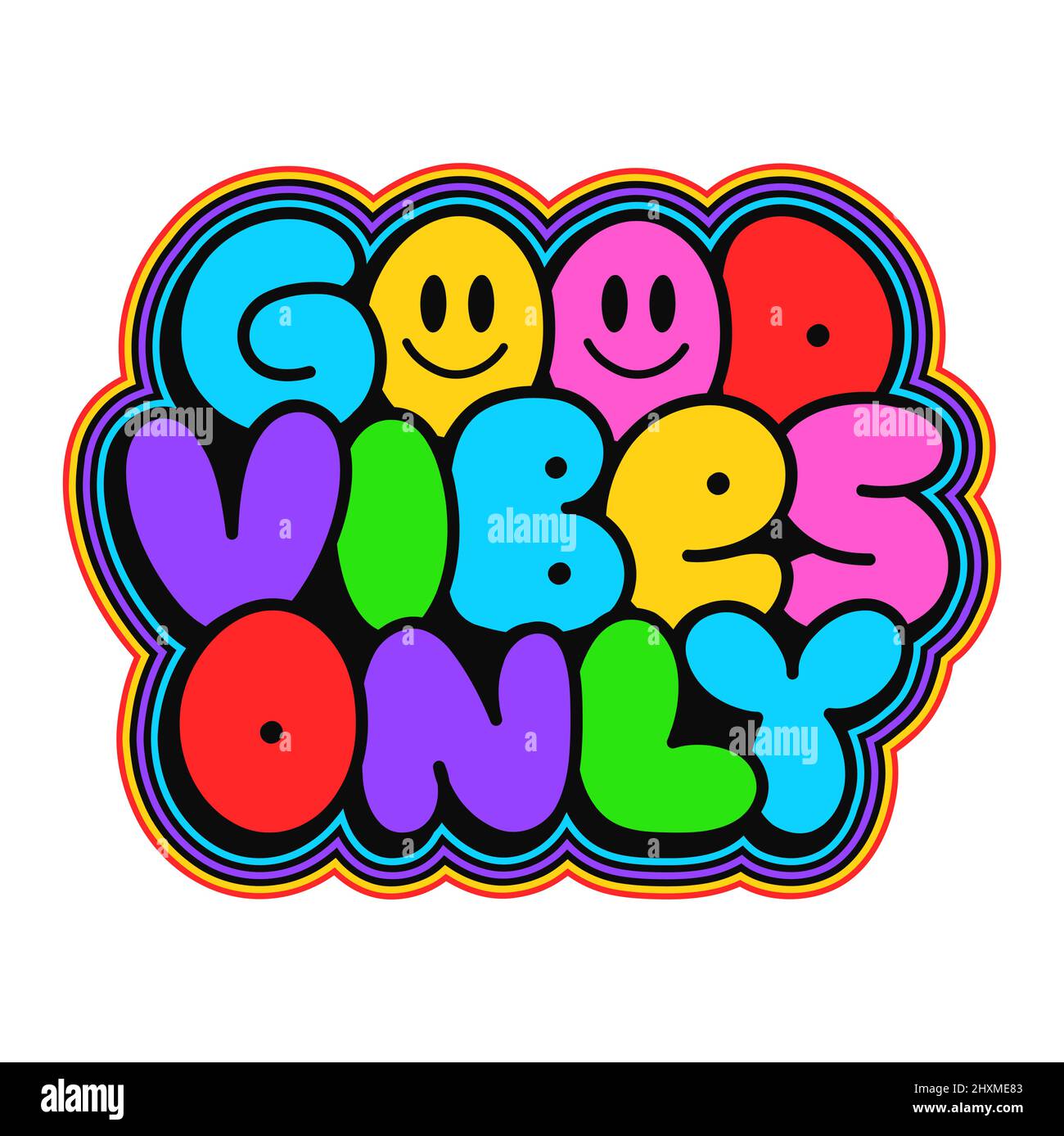 Buona vibes solo t-shirt stampa. Vettore disegnata a mano linea di doodle illustrazione cartoon. Le buone vibrazioni vengono stampate solo per T-shirt, poster, adesivo, copertina, logo Illustrazione Vettoriale