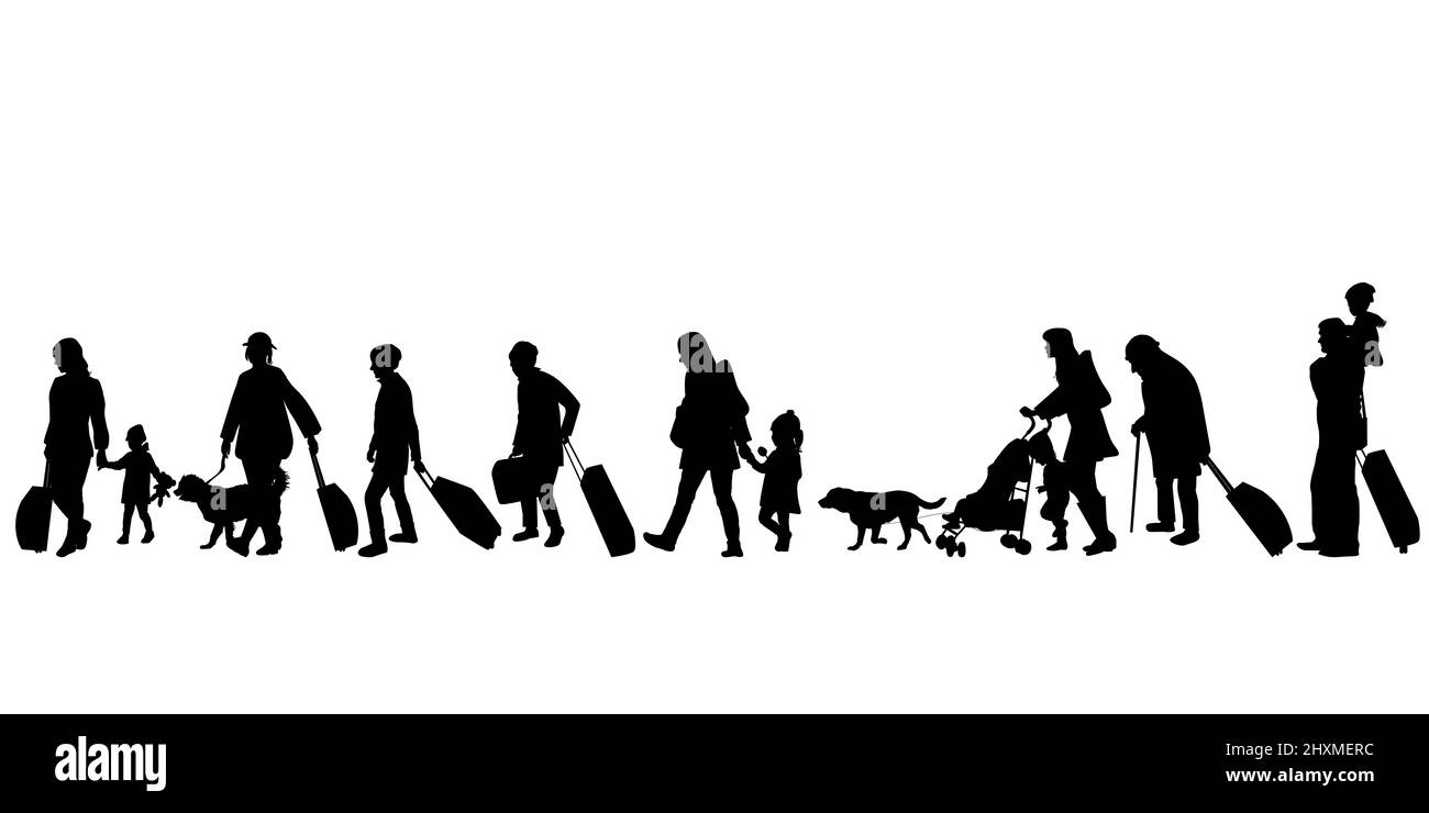Silhouette di un gruppo di rifugiati su sfondo bianco Illustrazione Vettoriale
