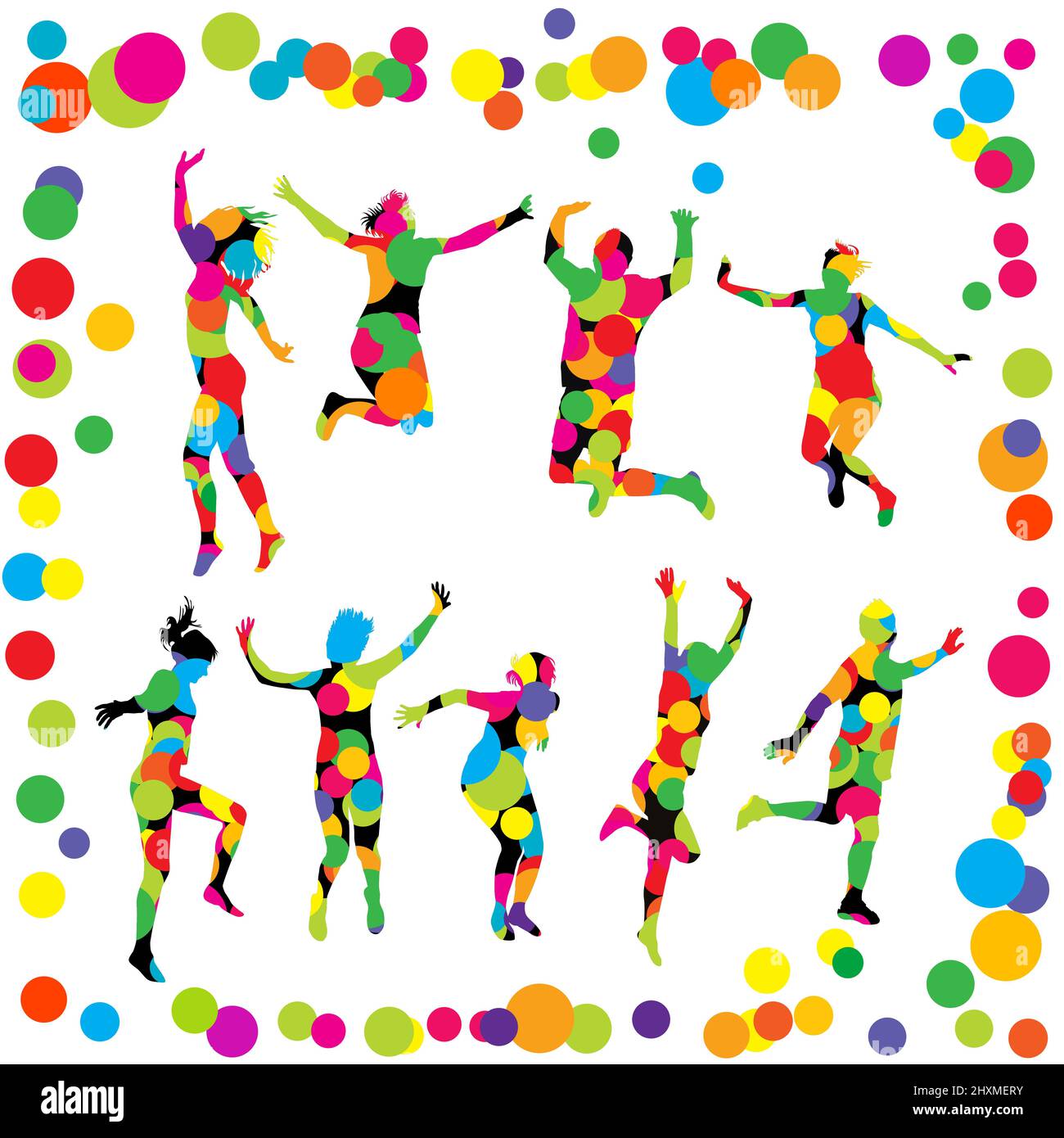 Silhouette di uomini e donne che saltano con coloratissimi motivi a punti Illustrazione Vettoriale