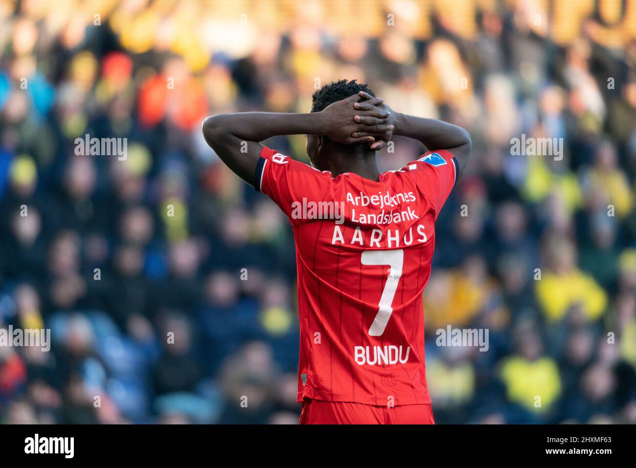 Brondby, Danimarca. 13th Mar 2022. Mustapha Bundu (7) di Aarhus GF visto durante la partita Superliga del 3F tra Broendby IF e Aarhus GF allo stadio Brondby. (Photo Credit: Gonzales Photo/Alamy Live News Foto Stock