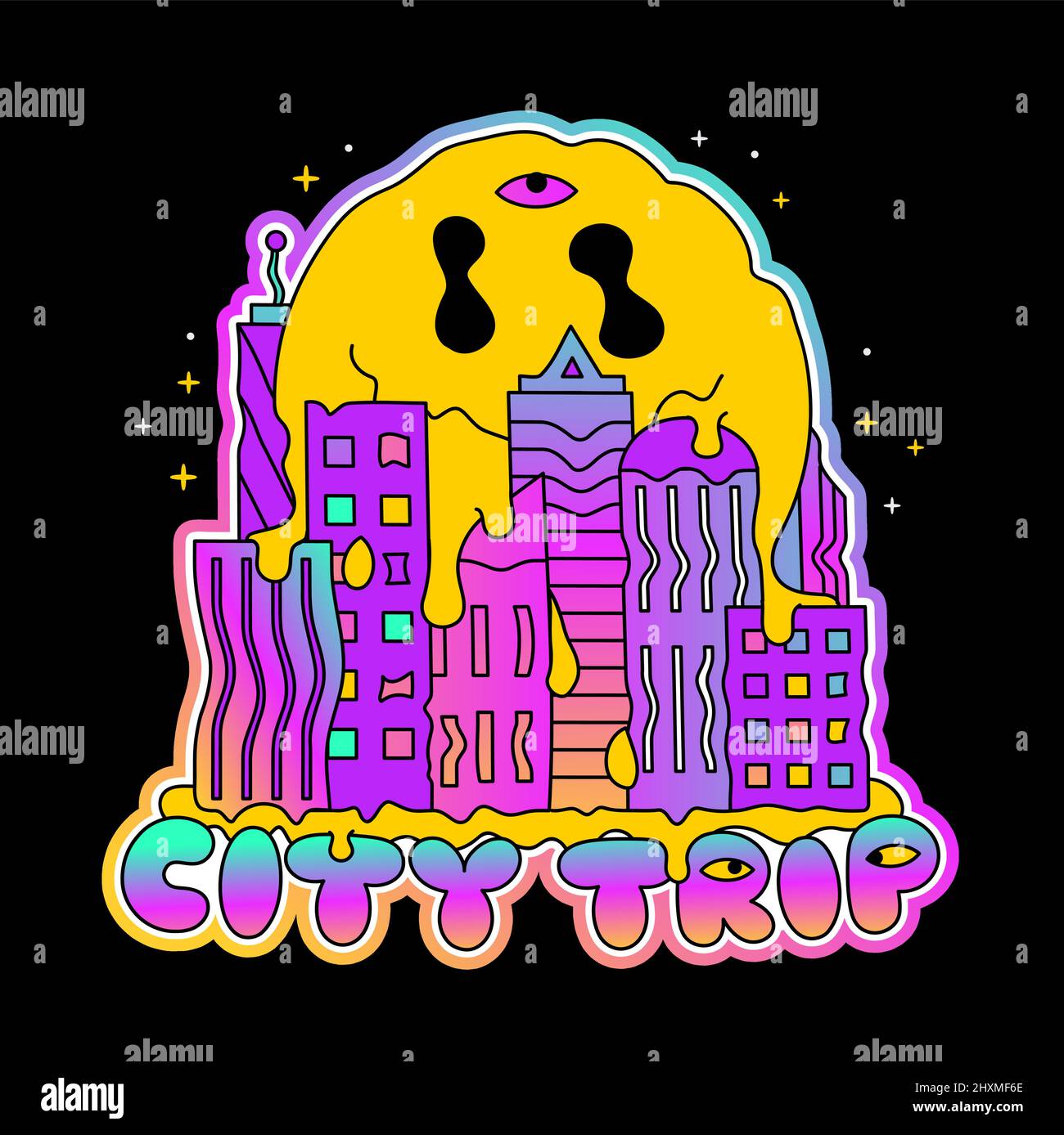 Stampa t-shirt Melt Smile Face e Big City Landscape. Preventivo per il viaggio in città. Disegno vettoriale di cartoni animati a mano. Melt Smile Face, city, viaggio, trippy, lsd, stampa acid per t-shirt, poster, adesivo, logo Illustrazione Vettoriale