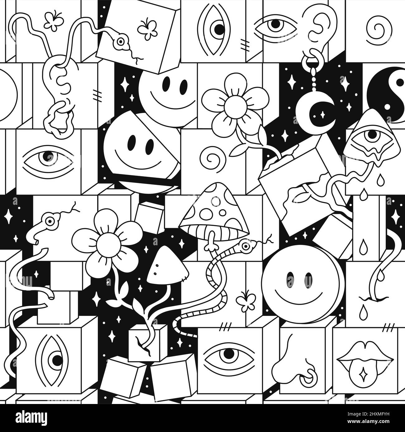 Pazzo trippy 60s stile psicedelico geometria senza cuciture pattern, pagina per colorare book.Vector pazzo Illustration.Smile groovy volti, techno,acid, trippy stile carta da parati senza cuciture pattern concetto di stampa Illustrazione Vettoriale