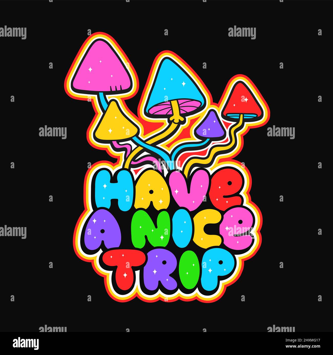 Magic psilocybin funghi stampa per t-shirt.Have un bel viaggio citazione slogan.Vector cartoon grafica logo design.Trippy funghi psichici, hippie, 60s stampa per poster, t-shirt, logo concetto Illustrazione Vettoriale