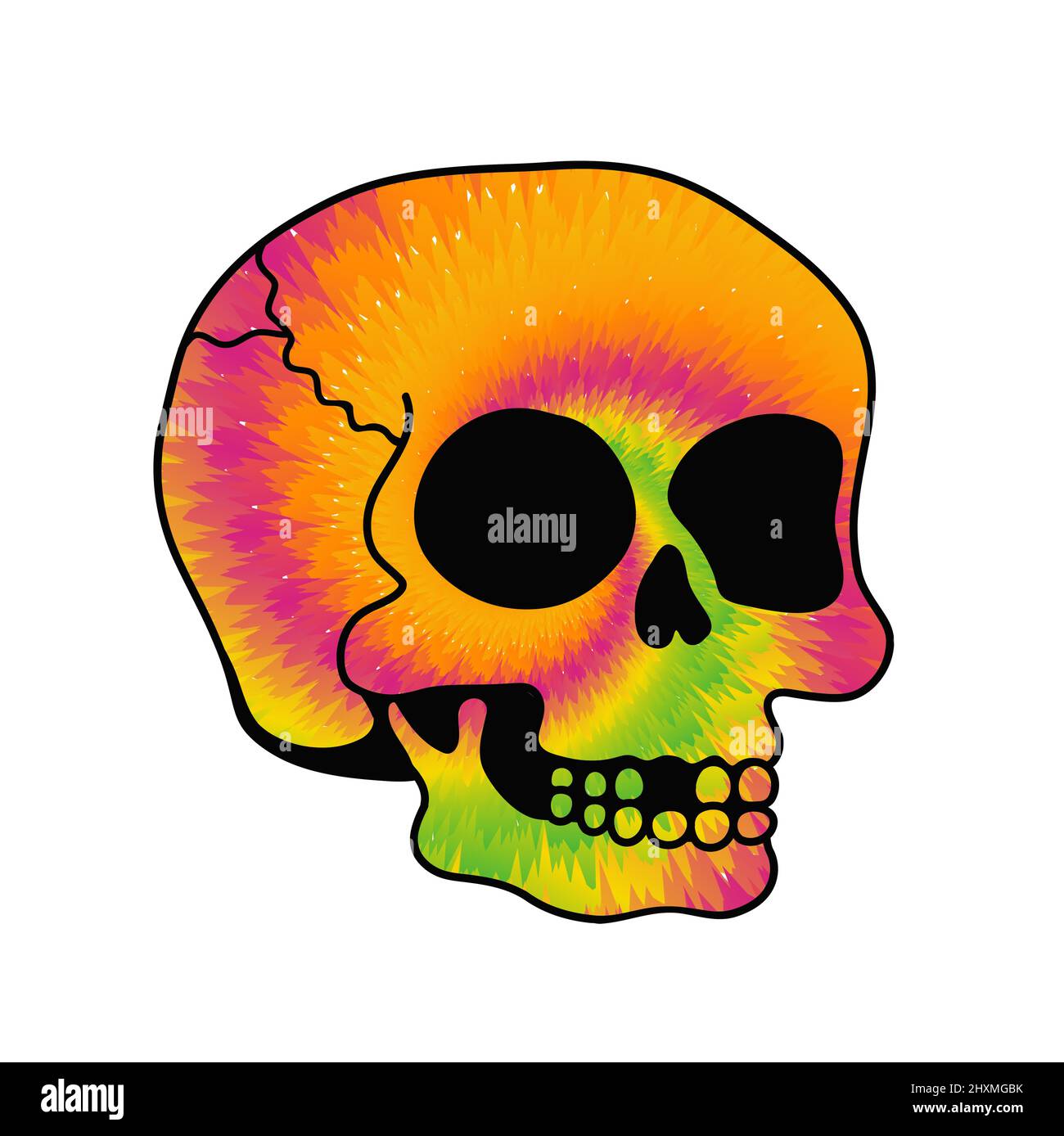 Tie dye psichedelico surreale cranio.Vector tiedye cartoon personaggio illustrazione logo.Skull tie dye melt, acido, techno, stampa trippy per t-shirt, poster, concetto di scheda Illustrazione Vettoriale