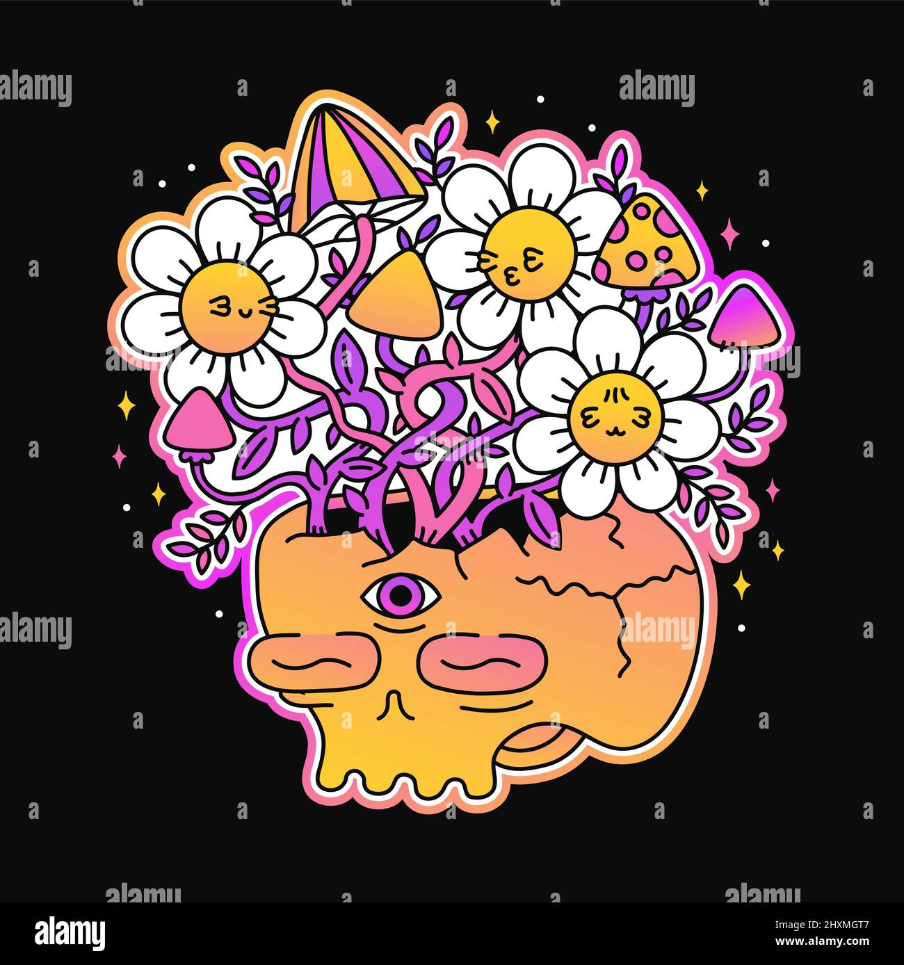 Cranio con funghi mahic t-shirt stampa design. Disegno vettoriale a mano del carattere cartoon del logo. Cranio trippy, funghi magici in crescita, stampa psichedelica per t-shirt, poster, adesivo, logo concetto Illustrazione Vettoriale