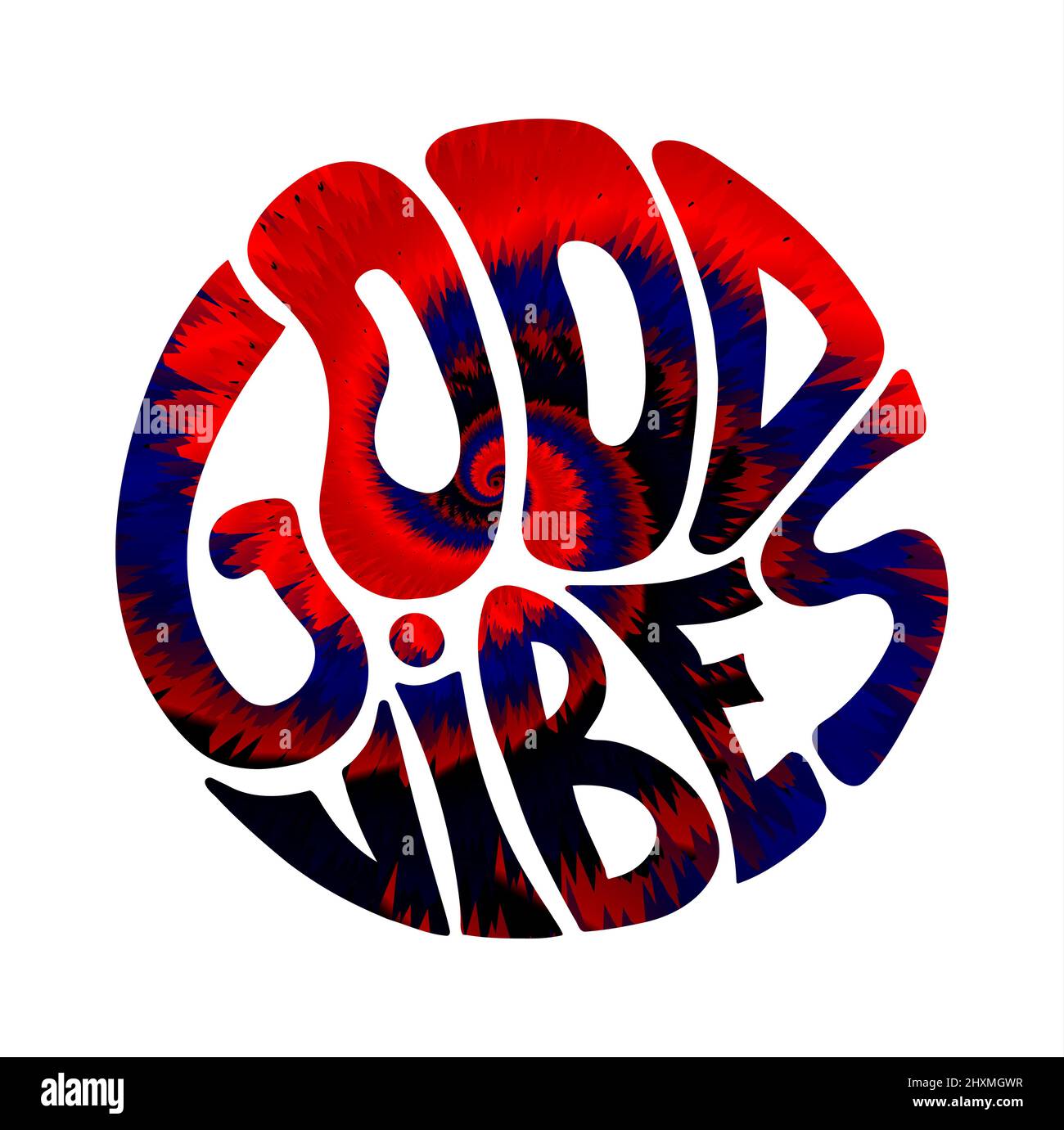 Buona vibes solo citazione in cerchio t-shirt print.Tie colorante 60s,70s grovy background.Vector disegnata a mano lettering Illustration.Good vibes solo scritta stampa per t-shirt, poster, adesivo, copertina, logo concetto Illustrazione Vettoriale