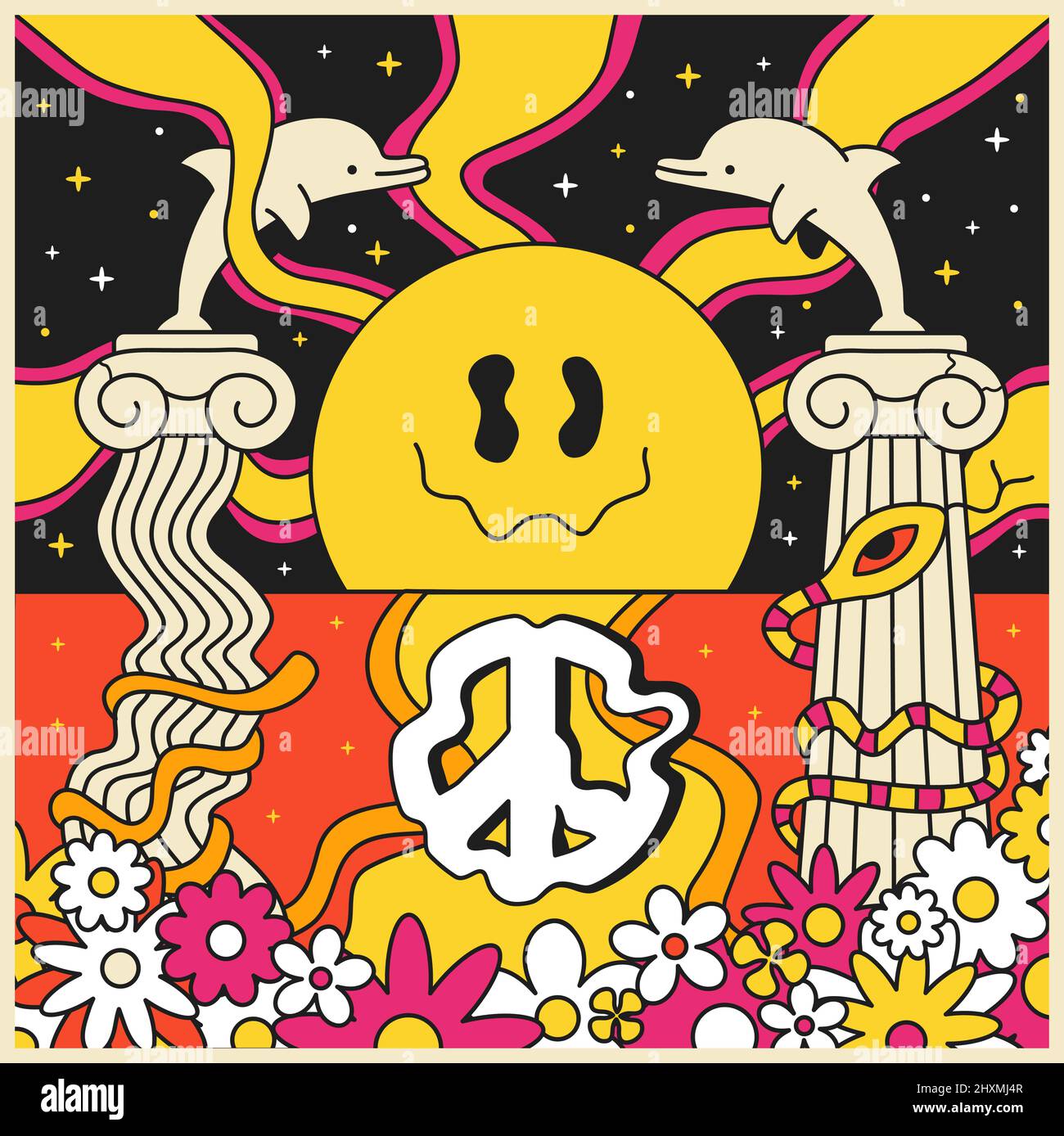 60s stile psichedelico art.Vector Doodle disegno a mano linea illustrazione grafica. Trippy sole, fiori, 60s, 70s concetto di illustrazione Illustrazione Vettoriale