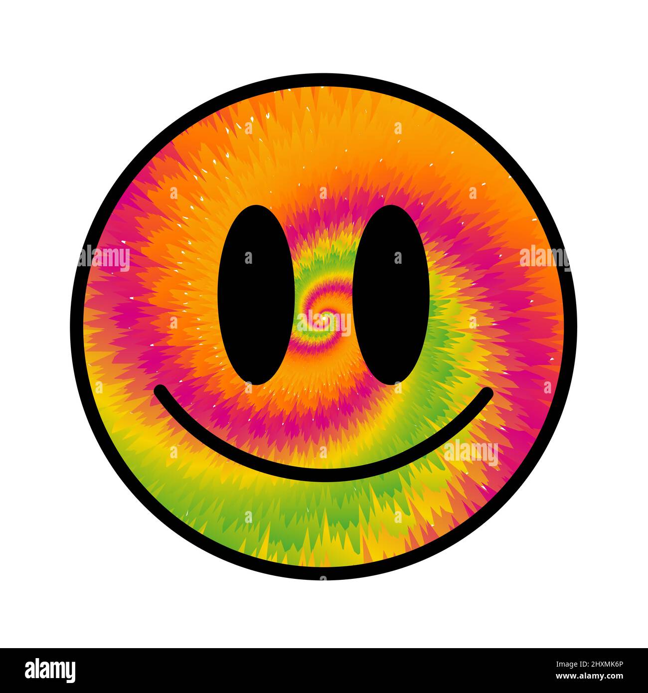 Divertente cravatta colorante psichedelico surreale sorriso face.Vector tiedye cartoon personaggio illustrazione logo.Smile giallo grovy faccia cravatta colorante sciogliere, acido, techno, stampa trippy per t-shirt, poster, concetto di scheda Illustrazione Vettoriale