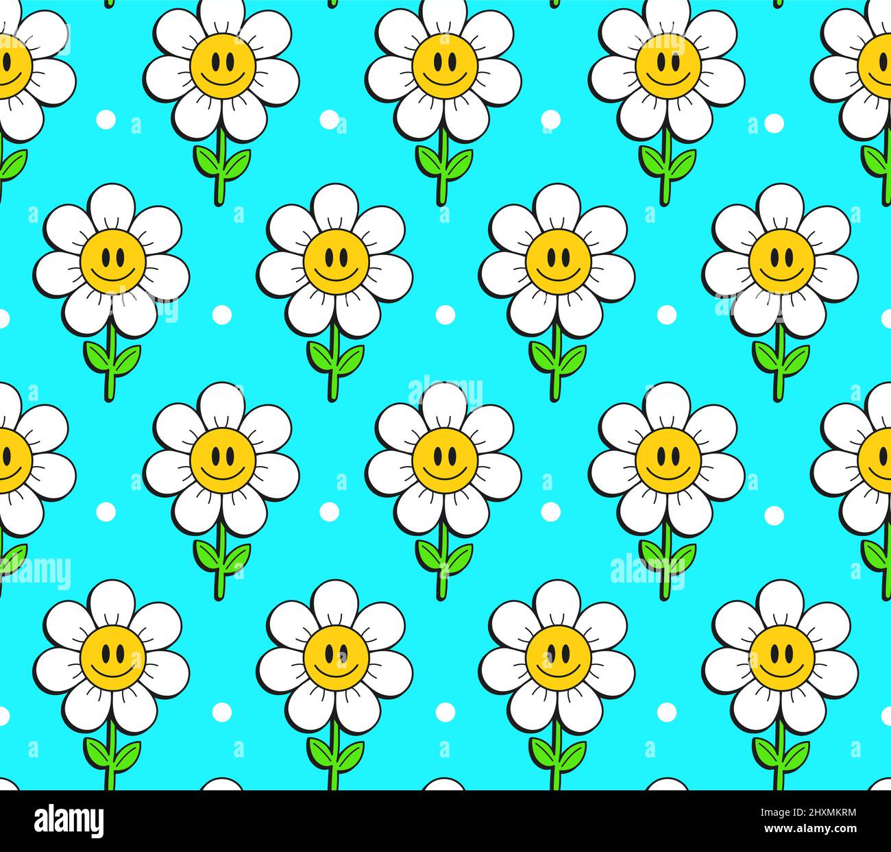 Cute divertente kawaii sorriso viso fiori su sfondo blu senza cuciture pattern.Vector cartoon kawaii personaggio illustrazione design.Positive vintage sorriso volto, camomilla fiore senza cuciture pattern concetto Illustrazione Vettoriale