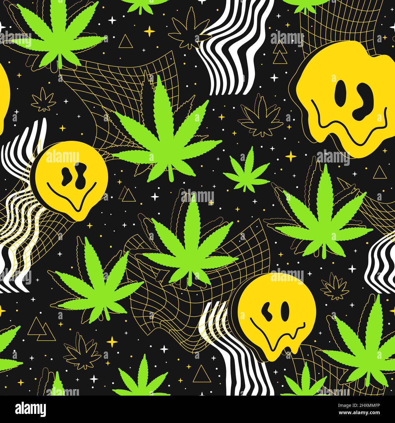 Deformazione flessibile griglia distorta nello spazio, faccia sorriso fuso, foglia di cannabis erbosa senza cuciture pattern.Vector graphic illustration.Psychedelic Melting Grid,distortion,techno,marijuana,weed stampa senza giunture pattern Illustrazione Vettoriale