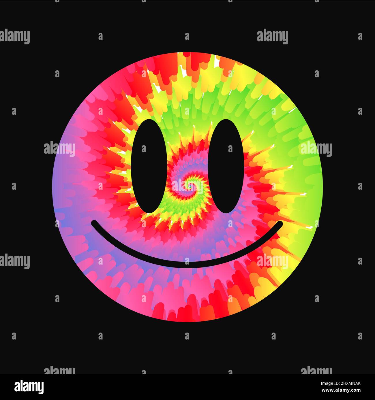 Divertente happy tie dye psichedelico surreale sorriso face.Vector tiedye cartoon personaggio illustrazione logo.Smile giallo groovy viso tie dye, acido, techno, stampa trippy per t-shirt, poster, scheda, logo concetto Illustrazione Vettoriale