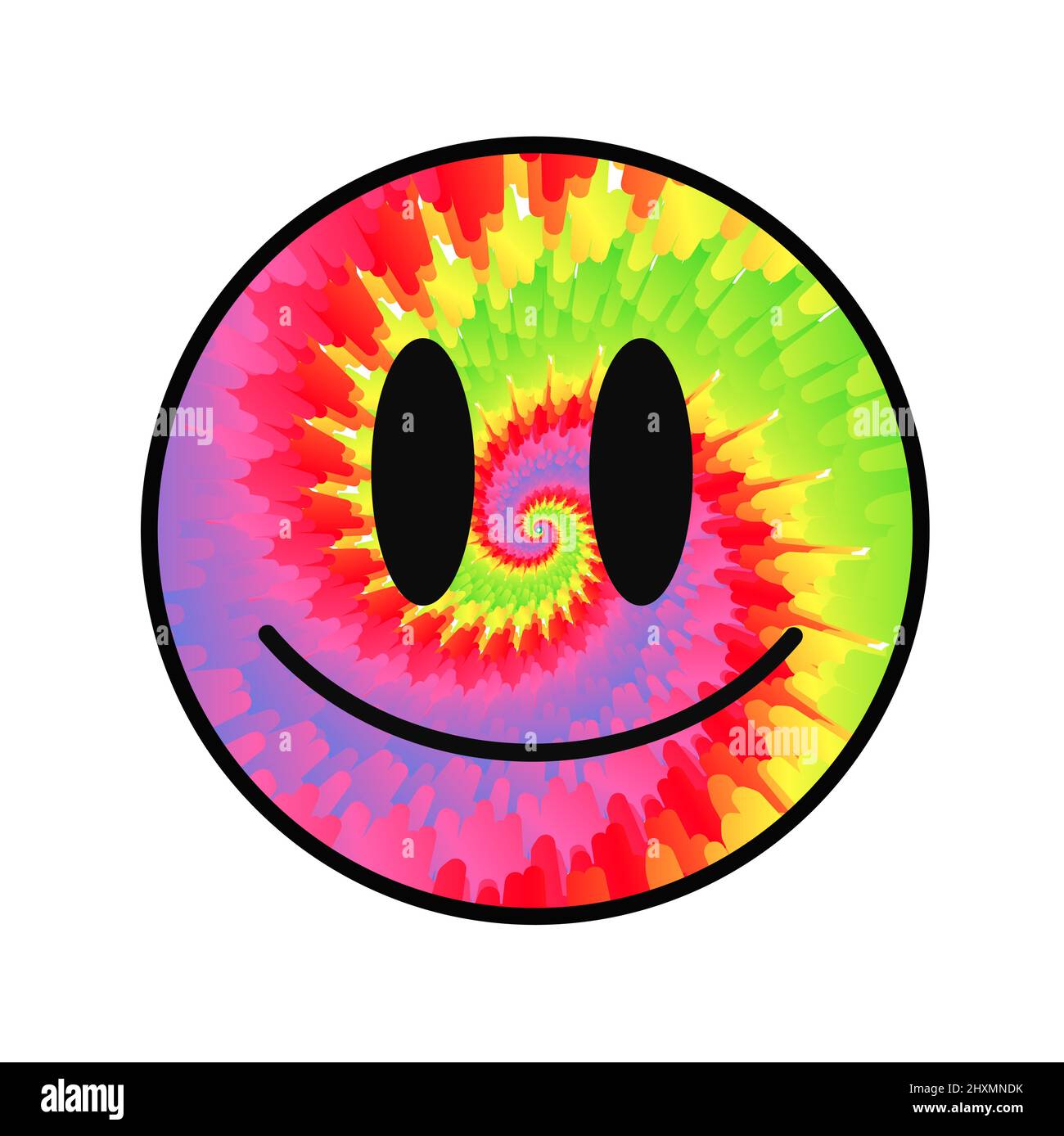 Divertente cravatta colorante psichedelico surreale sorriso face.Vector tiedye cartoon personaggio illustrazione logo.Smile giallo grovy faccia cravatta colorante sciogliere, acido, techno, stampa trippy per t-shirt, poster, concetto di scheda Illustrazione Vettoriale