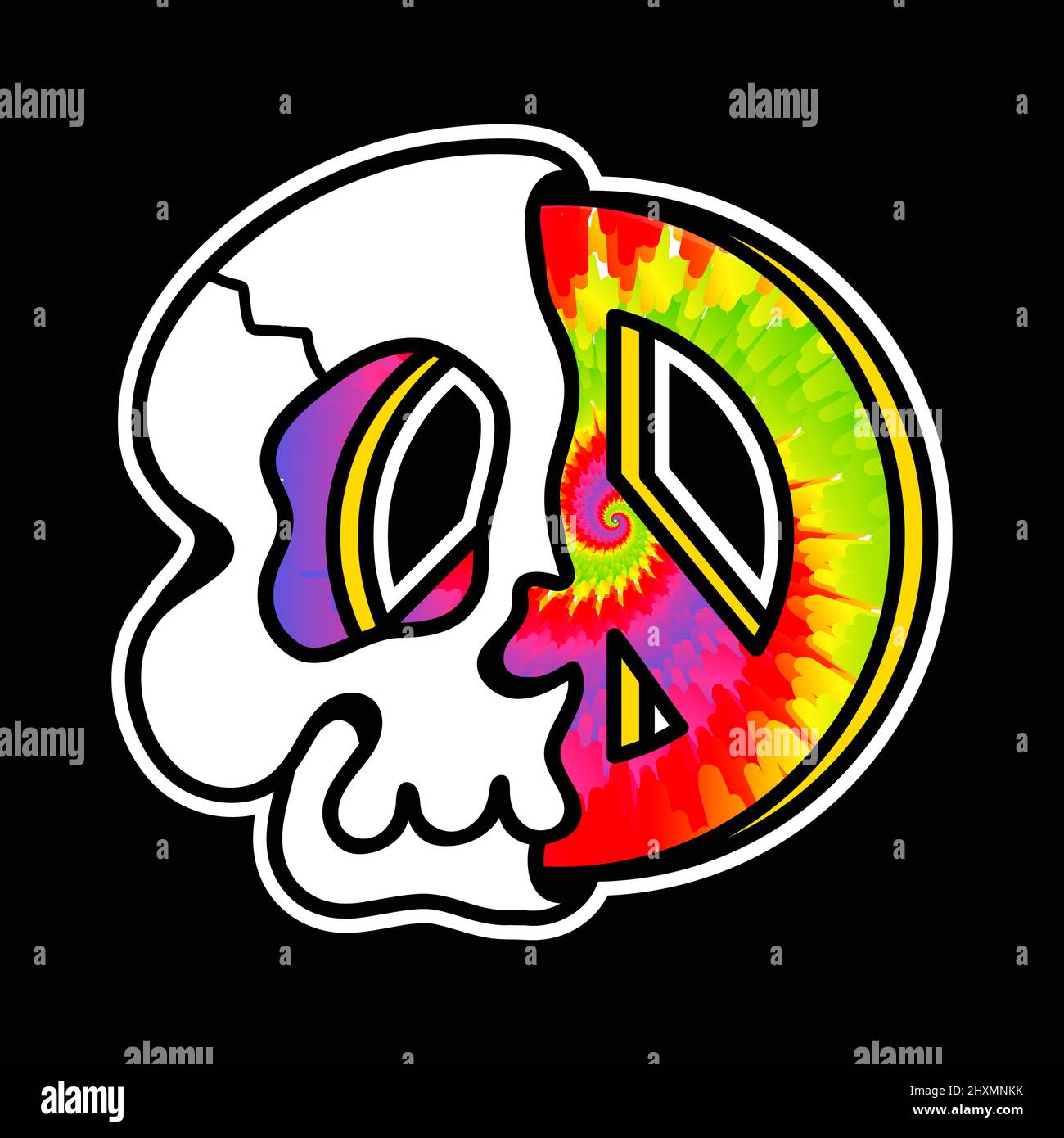 Metà del cranio con segno di pace Inside.Vector linea disegnata a mano cravatta colorante 70s stile cartoon personaggio illustrazione logo.Trippy mezzo cranio, cravatta colorante, pace hippie simbolo stampa per t-shirt, poster concetto Illustrazione Vettoriale