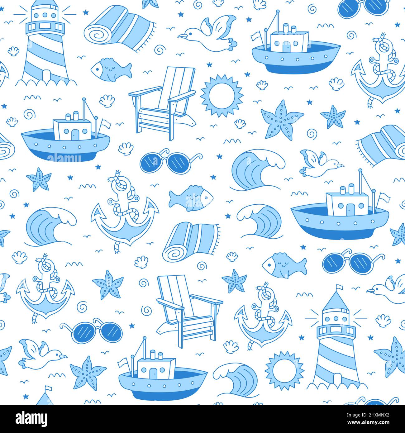 Sea,marine seamless pattern.Vector cartoon doodle stile disegnato a mano carattere illustrazione design.Vintage marinaio,mare,isola,vacanza,viaggio modello senza giunture,concetto di carta da parati Illustrazione Vettoriale