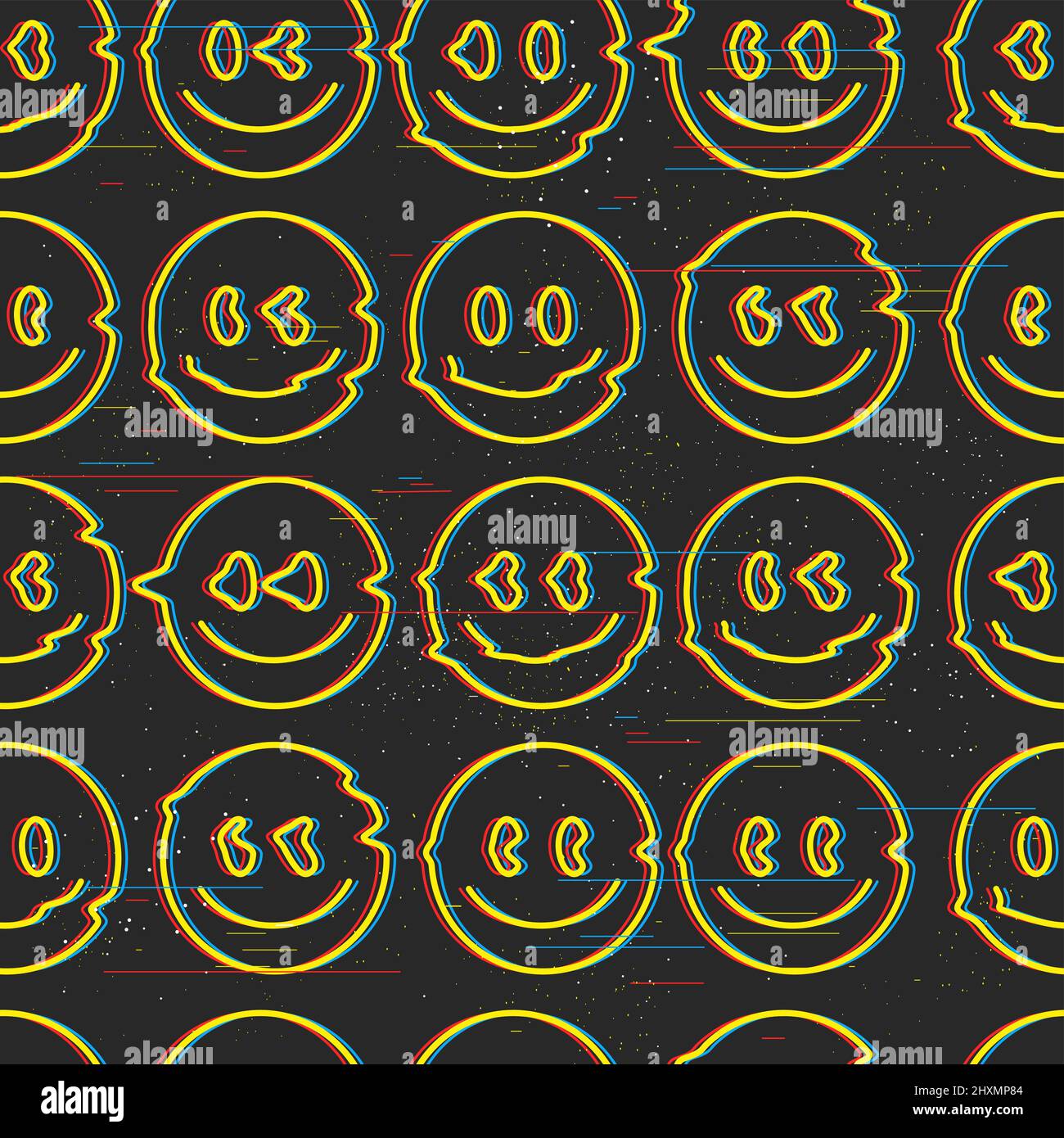 Divertente psichedelico surreale fusione glitch sorriso faccia senza cuciture pattern.Vector illustrazione senza cuciture pattern.Smile giallo distorto,3D glitch.face melt,acid,techno,trippy stampa senza giunture pattern concept art Illustrazione Vettoriale