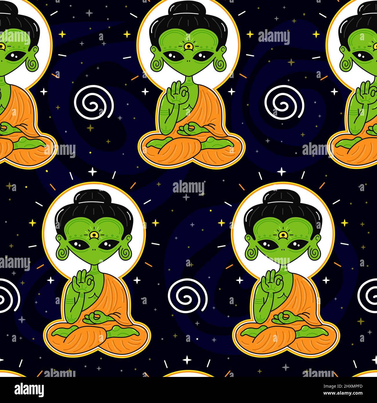 Divertente Buddha straniero sedersi in posa di lotus yoga. Vettore disegno a mano cartoon kawaii personaggio logo illustrazione. Buddha, buddista, alieno, ufo, T-shirt personaggio creatura cosmica verde, logo, sticker stampa concetto Illustrazione Vettoriale