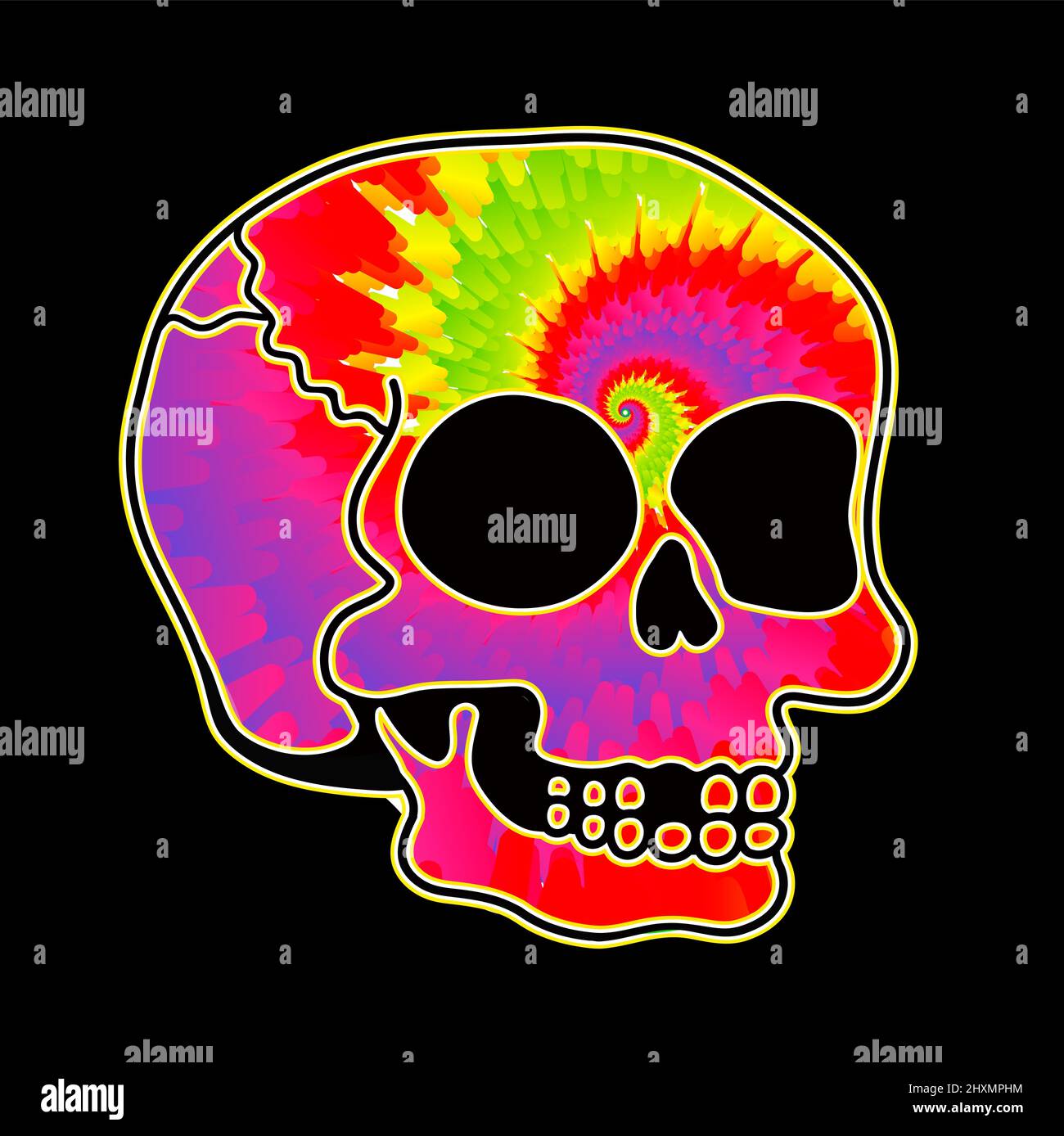 Tie dye psichedelico surreale cranio.Vector tiedye cartoon personaggio illustrazione logo.Skull tie dye melt, acido, techno, stampa trippy per t-shirt, poster, concetto di scheda Illustrazione Vettoriale