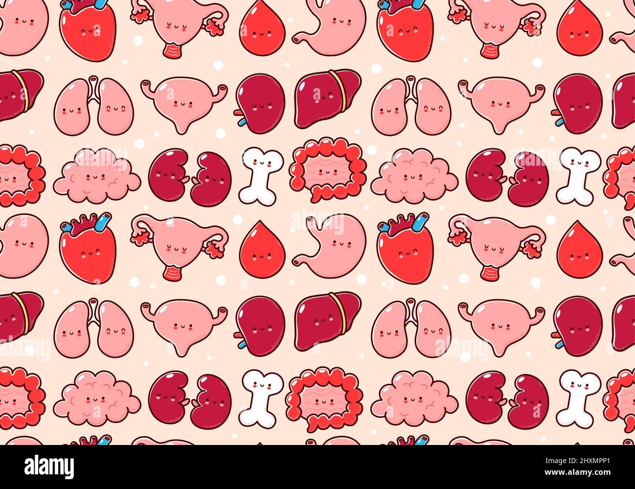 Cute organi umani carattere modello senza giunture. Linea vettoriale cartoon kawaii carattere illustrazione icona.osso, stomaco, cuore, utero, sangue, fegato, polmoni, vescica, milza, intestino, reni modello senza giunture Illustrazione Vettoriale