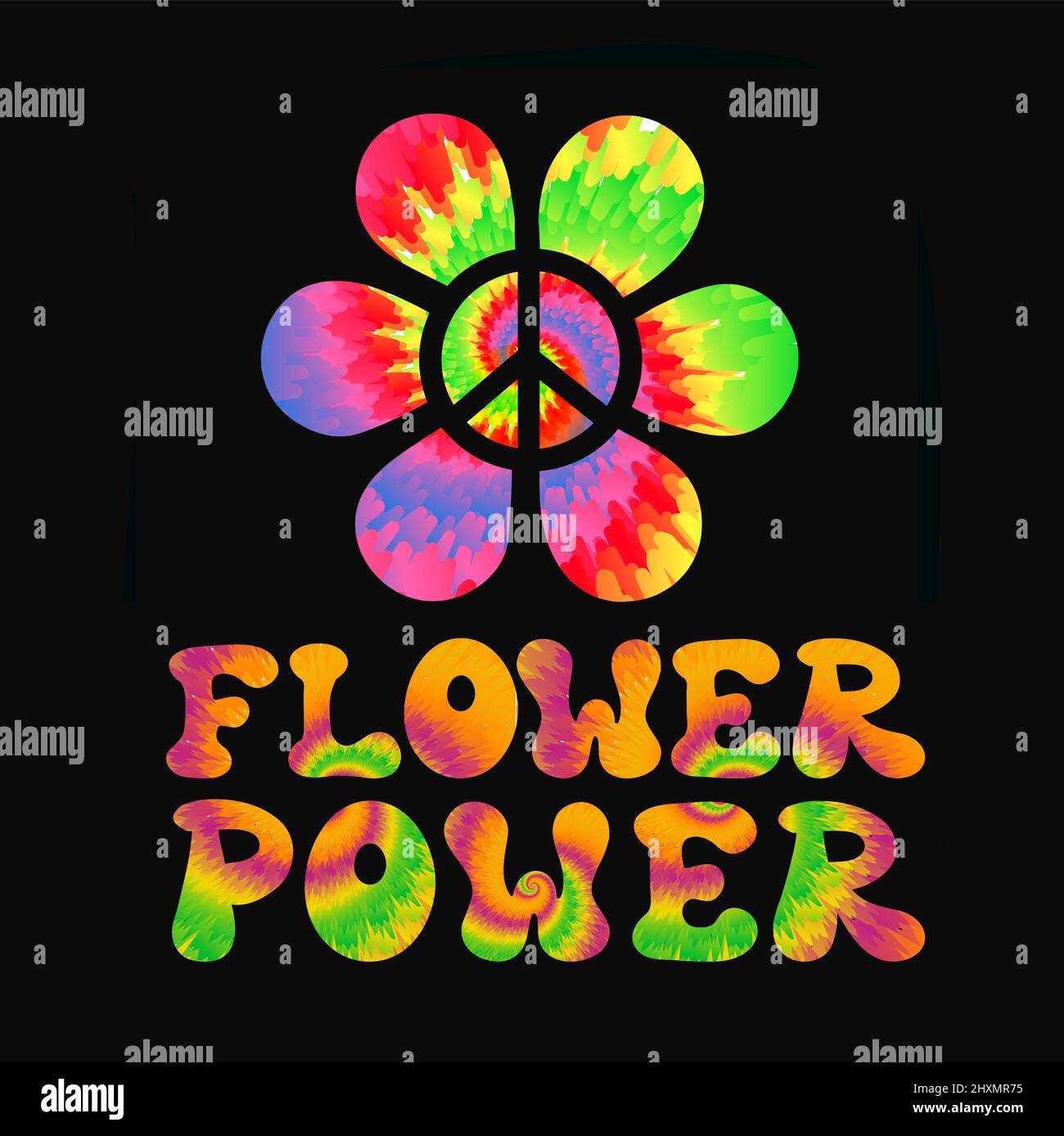 Citazione di potere del fiore. Cravatta colorante psichedelico surreale font.Vector tiedye illustrazione logo.Flower potere slogan text.60s,70s,groovy,cravatta colorante psichedelico, stampa trippy per t-shirt, poster, concetto di adesivo Illustrazione Vettoriale