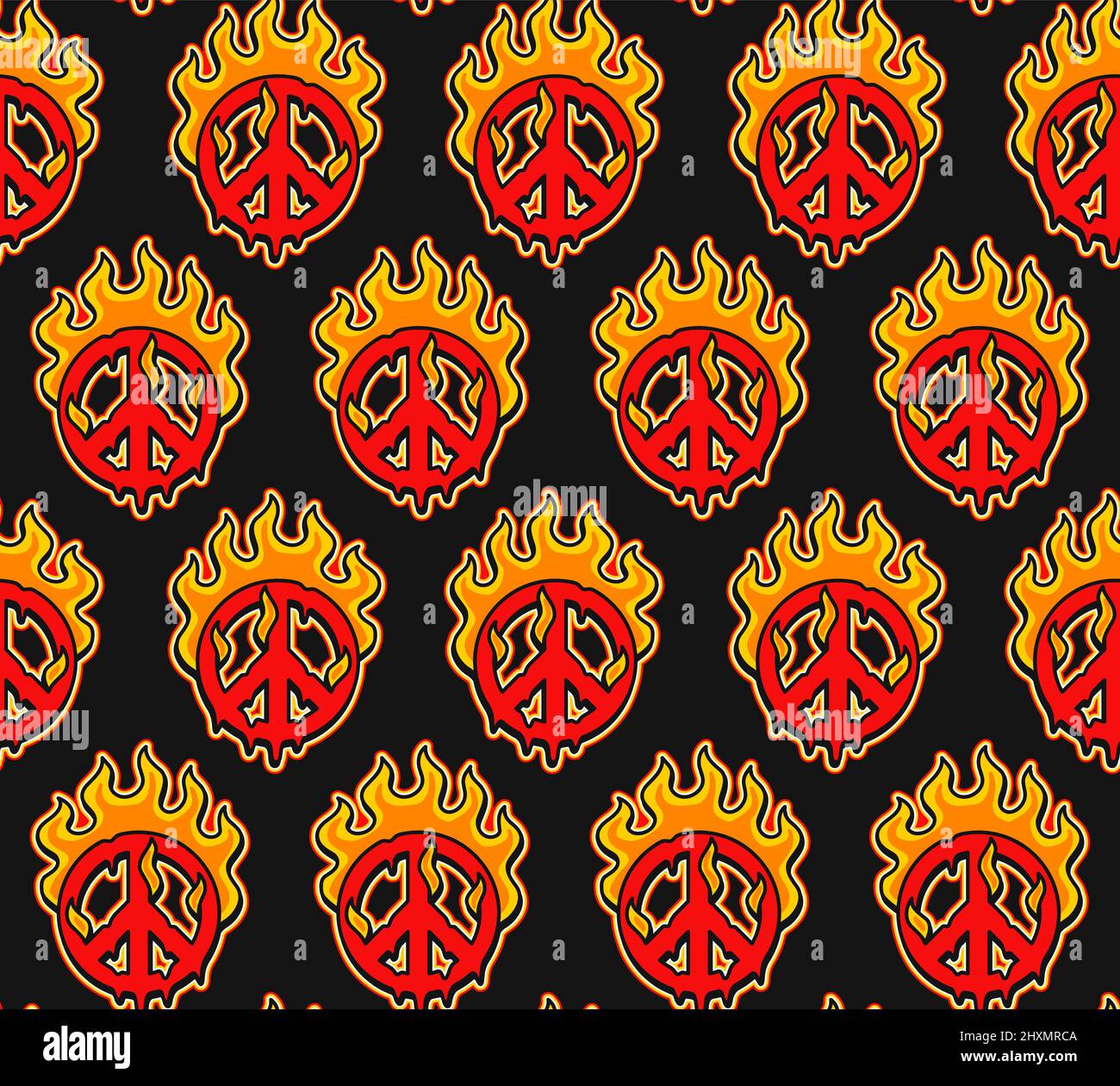Pace simbolo bruciare in fuoco senza cuciture pattern .Vector cartoon grafica illustrazione sfondo sfondo design.Trippy psicdelico pace, fuoco stampa senza cuciture pattern Illustrazione Vettoriale
