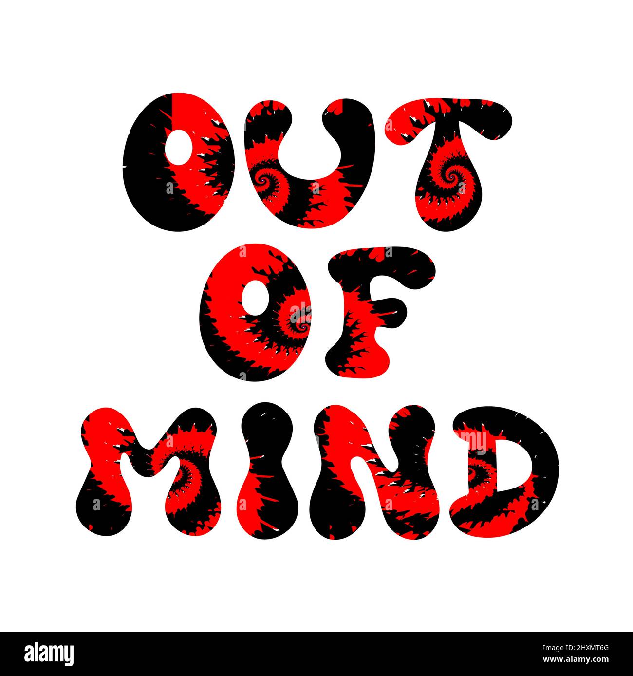 Citazione fuori dalla mente. Tie dye psichedelico font lettering.Vector tiedye illustrazione logo.out of mind slogan text.60s,70s,groovy,tie dye psichedelico,stampa trippy per t-shirt,poster,concetto di adesivo Illustrazione Vettoriale