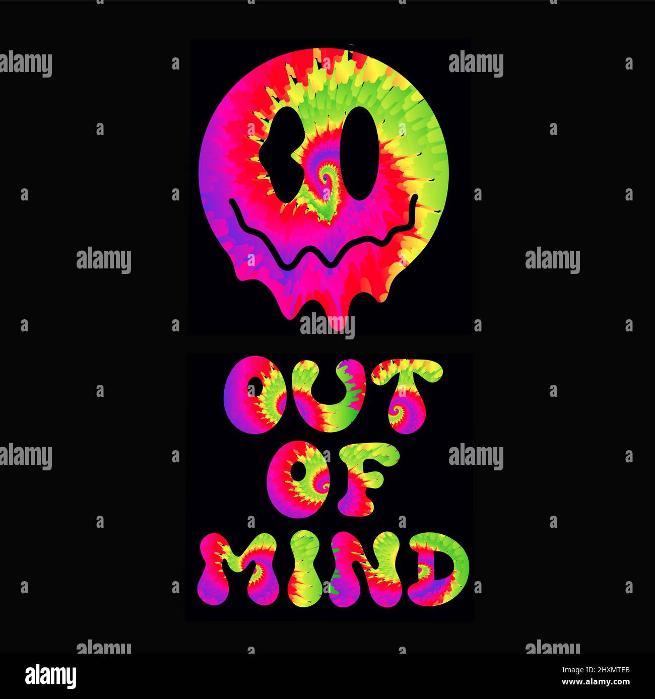 Citazione fuori dalla mente. Tie dye carattere psichedelico,melt smile face.Vector tiedye illustrazione logo.out of mind slogan text.60s,70s,groovy,tie dye psichedelico,stampa trippy per t-shirt,poster,sticker concetto Illustrazione Vettoriale