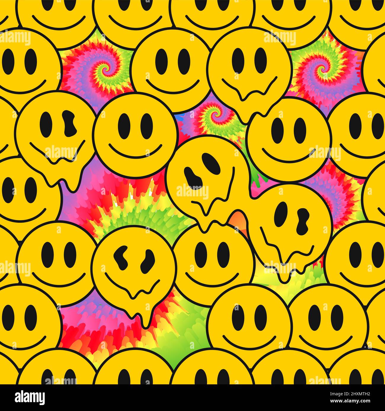 Divertente pazzo sciogliere volti sorriso, cravatta colorante senza cuciture pattern.Vector cravatta colorante pazzo cartoon personaggio Illustration.Smile hippie volti, 60s sciogliente acido, trippy, tiedye senza cuciture modello carta da parati concetto di stampa Illustrazione Vettoriale
