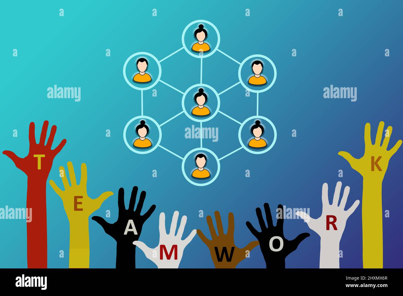 Concetto di lavoro di squadra. Mani rialzate con iscrizione 'lavoro di squadra' con una rete di membri del team. Foto Stock