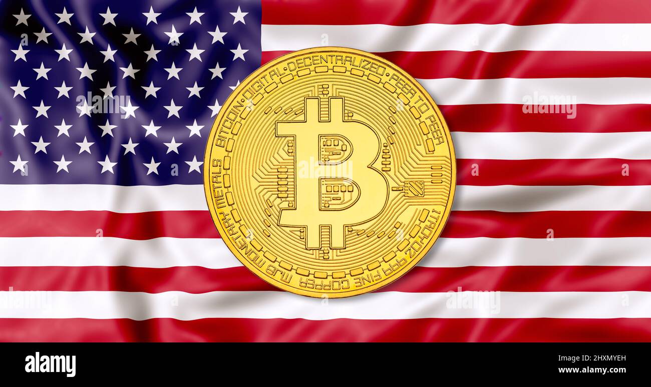 Bitcoin simbolo Stati Uniti bandiera 3D sfondo. Background di valuta crittografica per denaro virtuale e memorizzazione del valore. Concetto di regolamentazione politica in Foto Stock